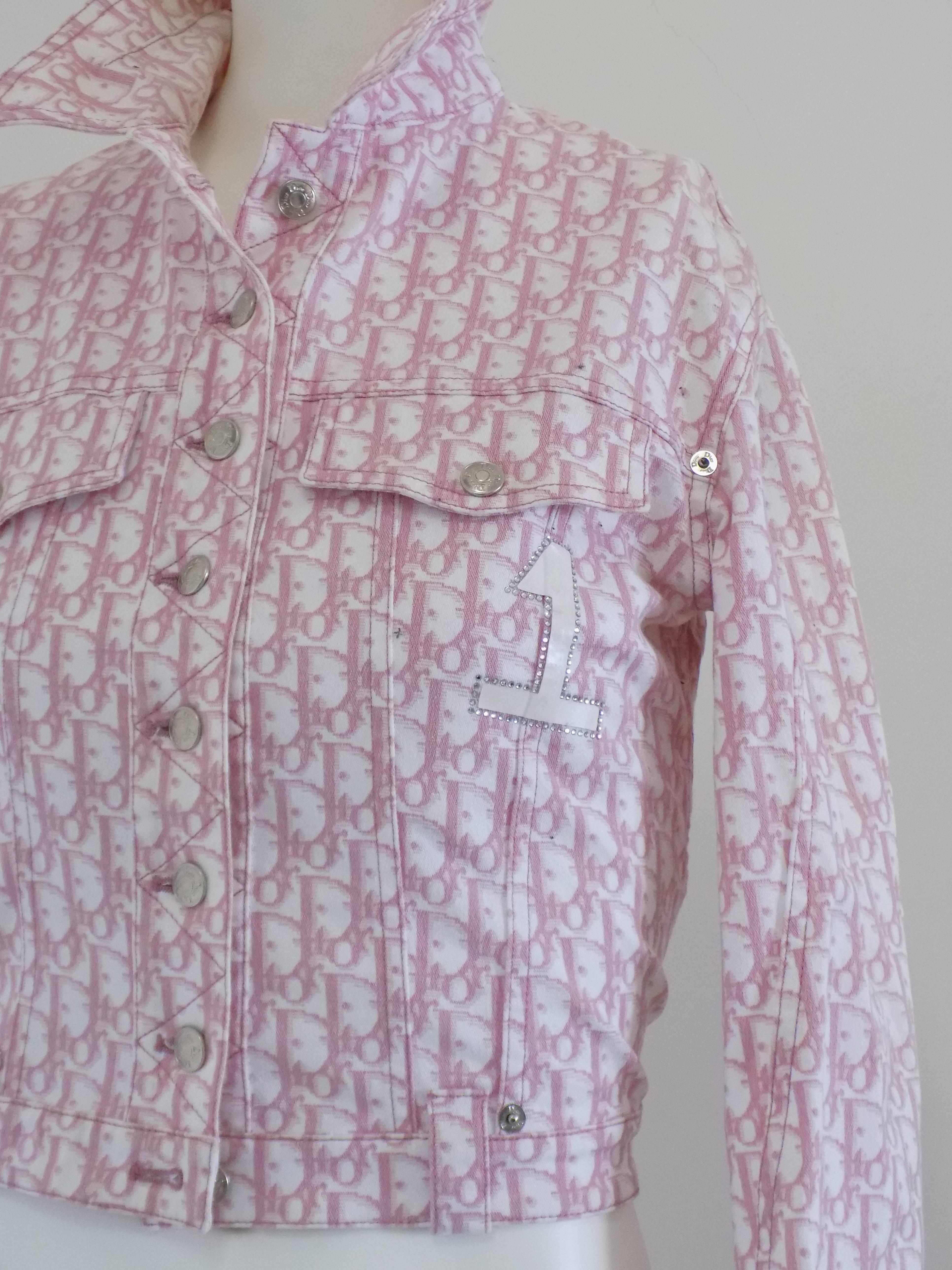Christian Dior Boutique Pink White monogram jacket
Classic collar, front button fastening, two chest patch pockets, belt loops.  Number 1 diamante application on the chest and diamante logo at the hem. 
Totally made in portugal in french size 38