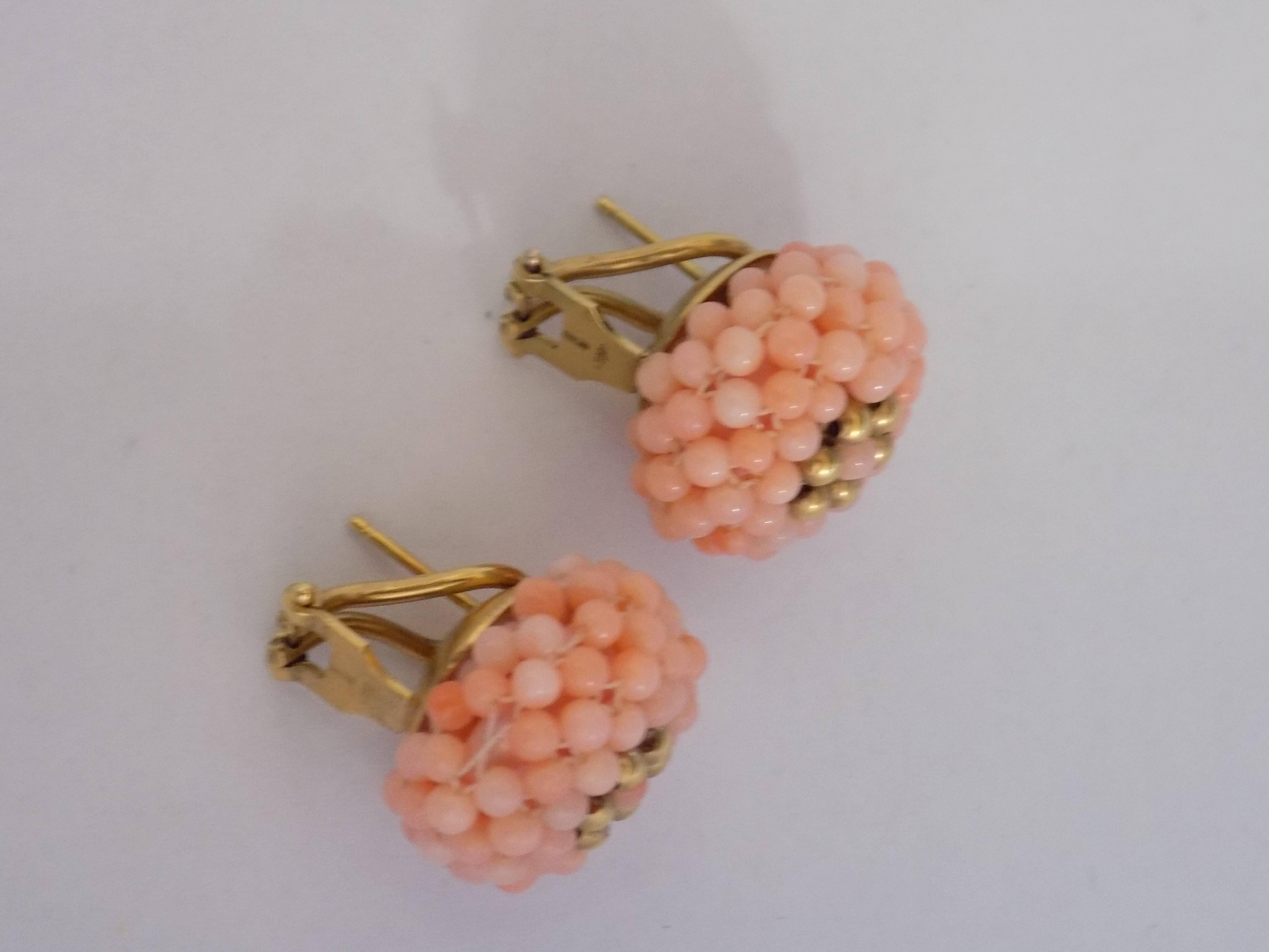 Women's or Men's 18kt Gold pink coral earrings For Sale