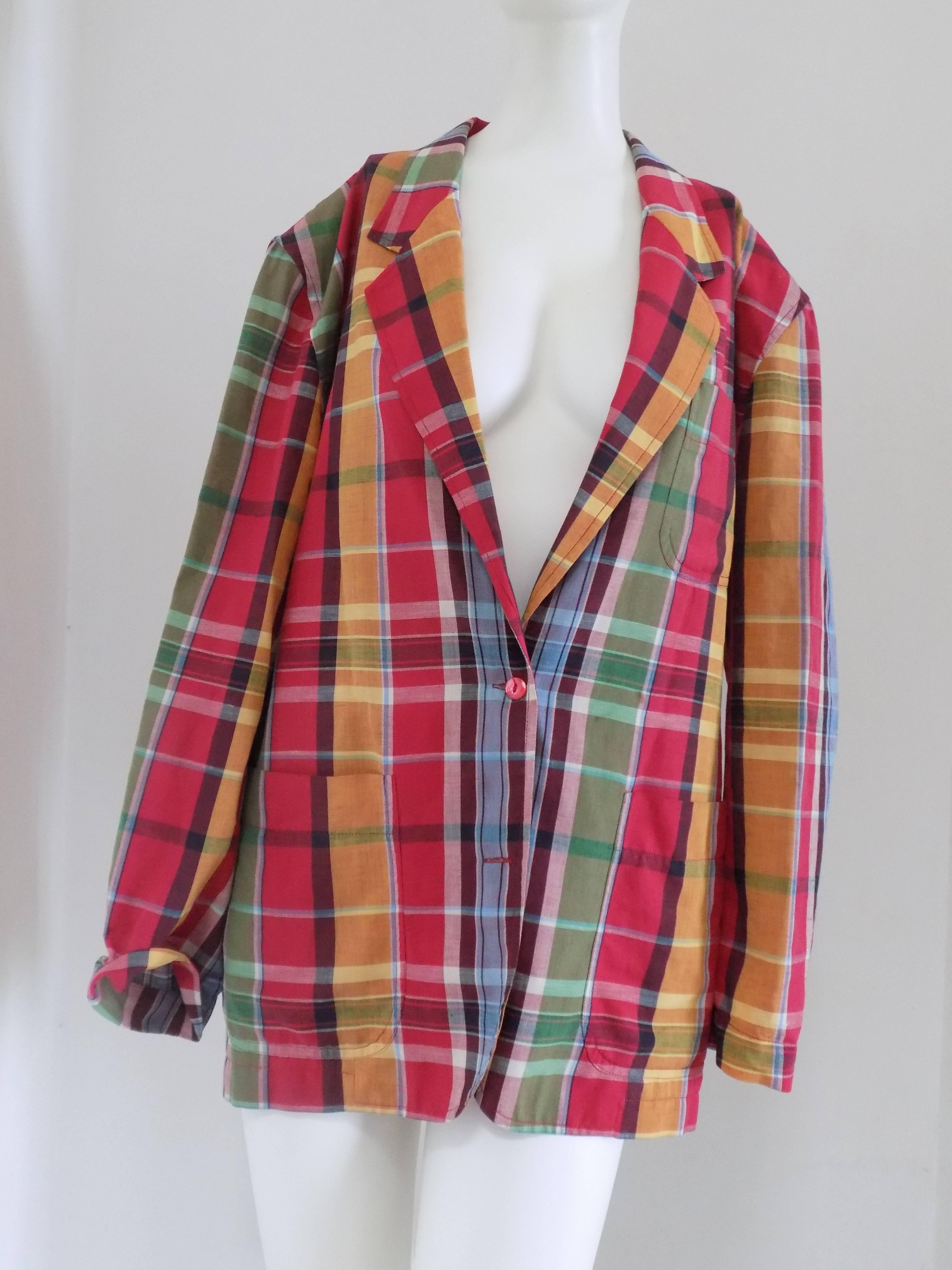 1990s Kenzo multicoulour checked linen cotton Jacket  shirt
Made in France in size 42