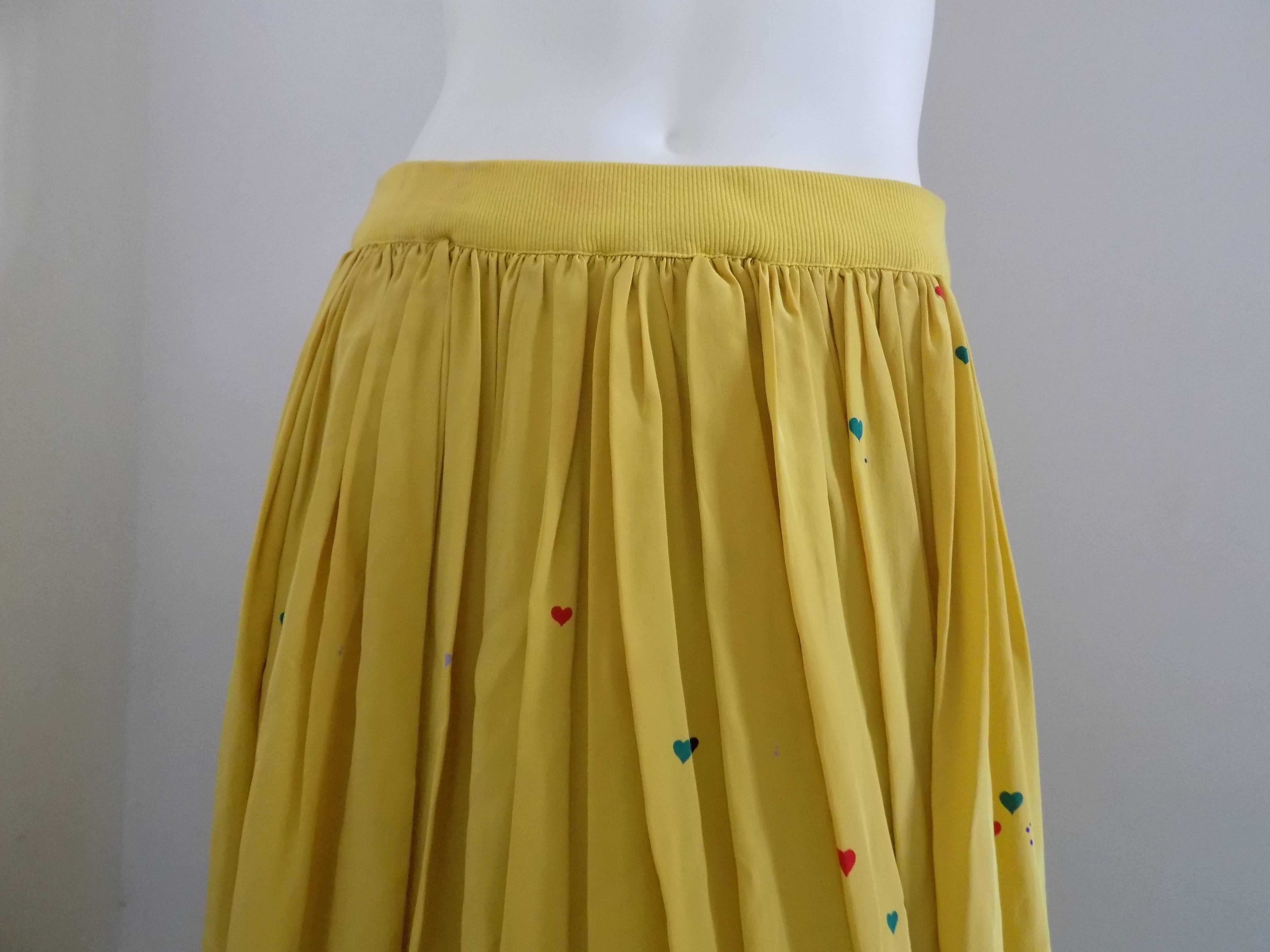 Yellow Cotton Long Vintage skirt with small hearts 
