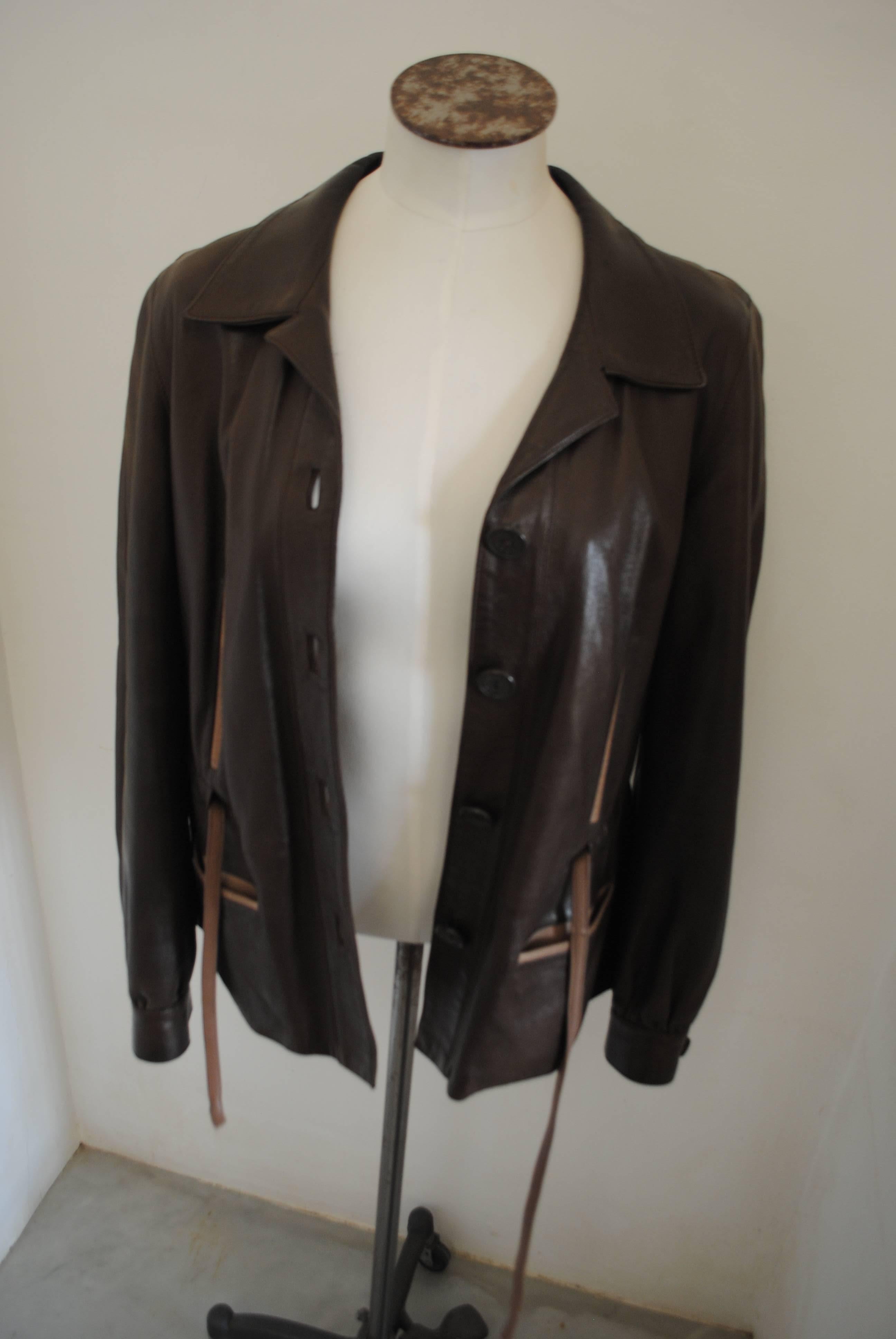 1970s Céline brown leather tie waist jacket 3