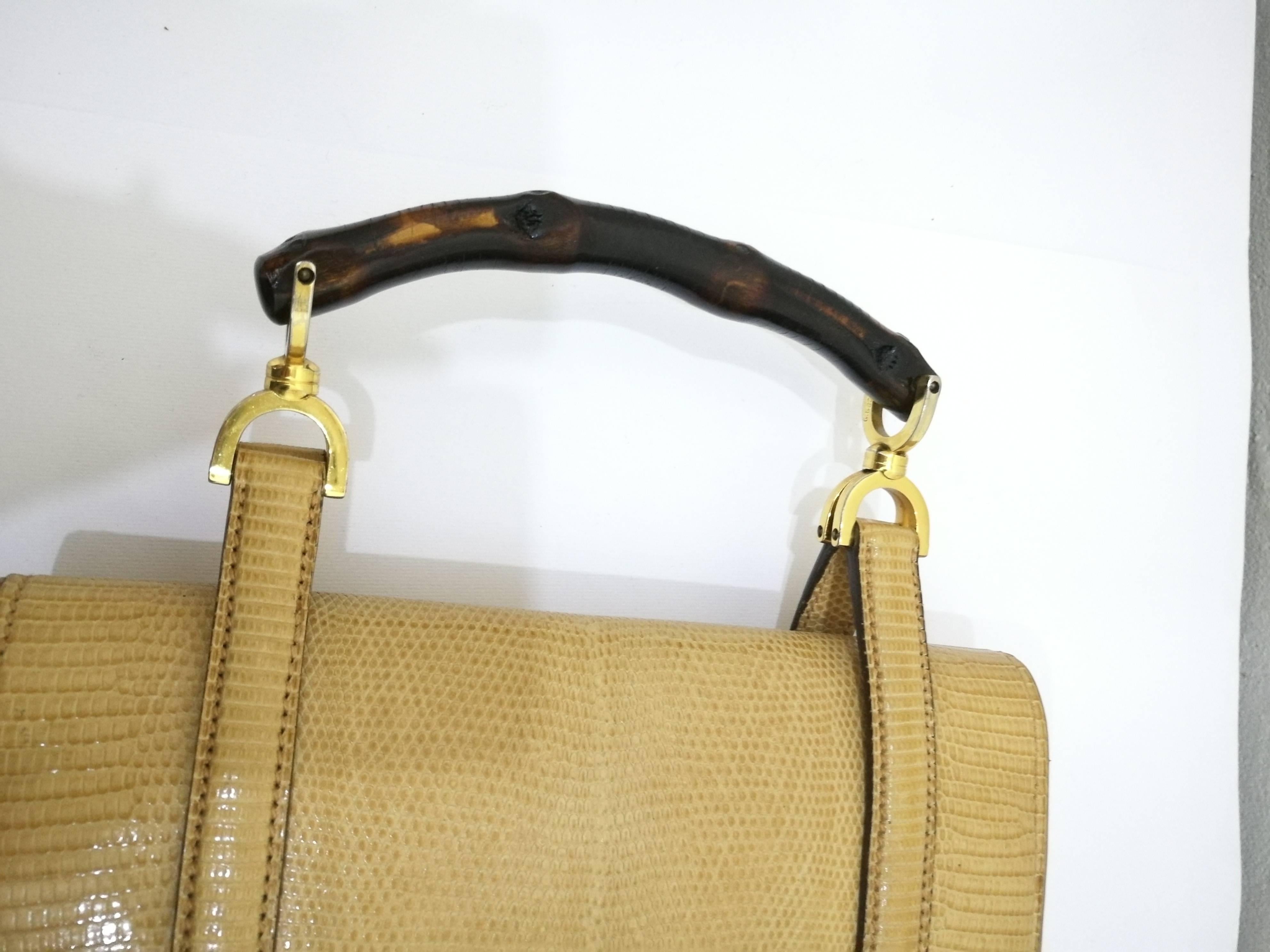 Brown 1960s Gucci Lizard Bamboo Handbag