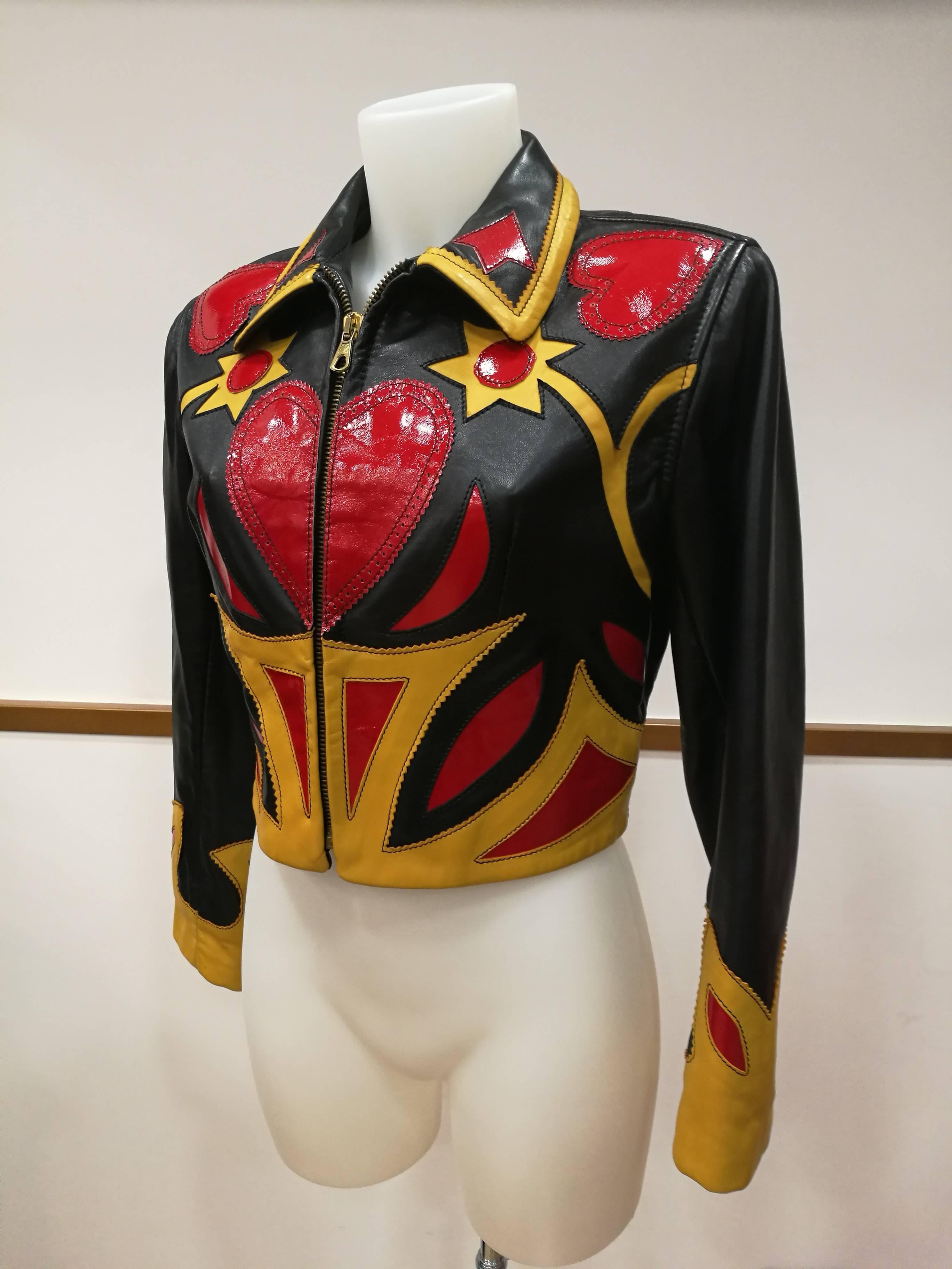Iconim Museum Piece Moschino Leather Patchwork Jacket
Rare and unique black, red and yellow jacket from Franco Moschino totally made in italy in italian size range 42
Composition: real leather 
Lining: 70 % acetate 30% viscose