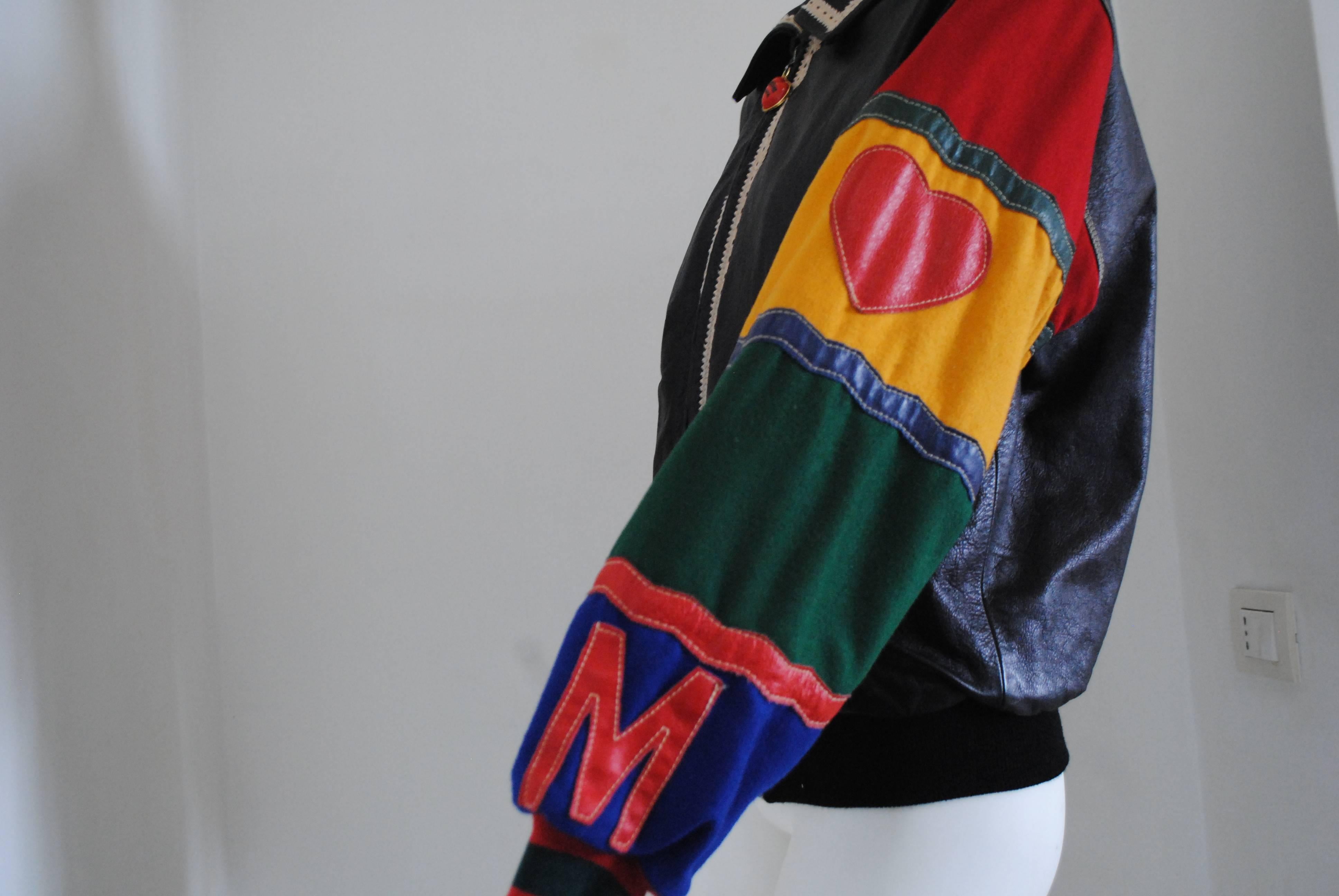 Black 1980s Rare Moschino Jeans Peace & Love Vintage Leather Wool Jacket