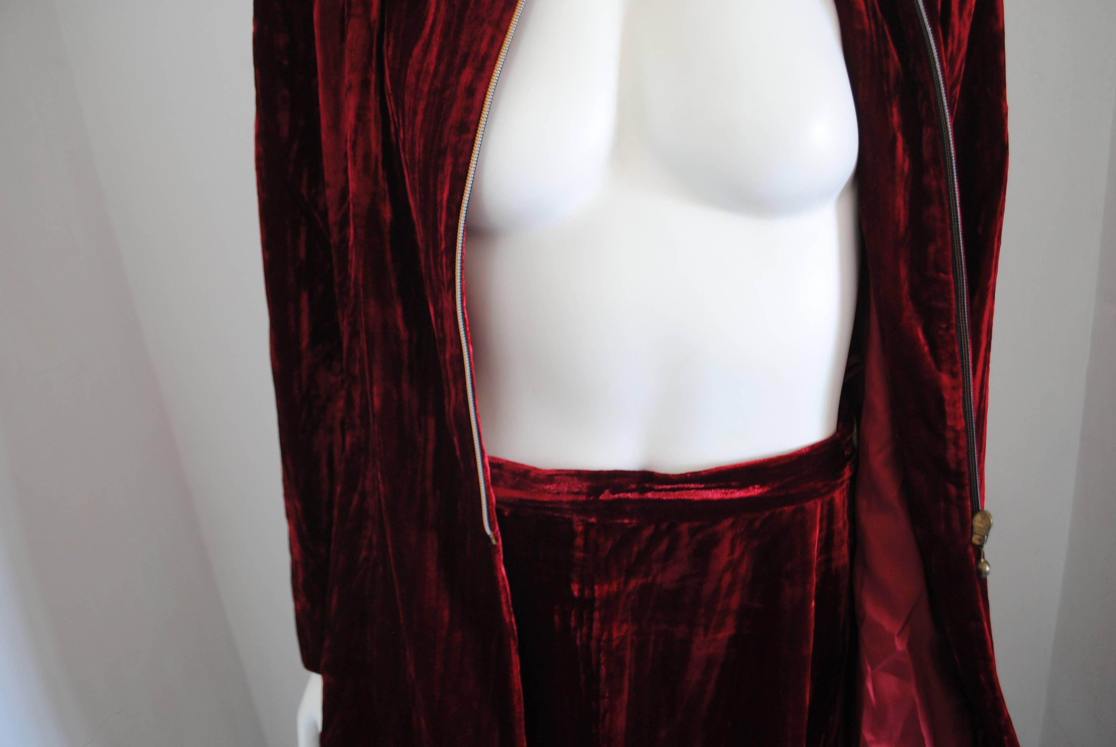 Women's 1980 Brujò Red Velvet Skirt Suit For Sale