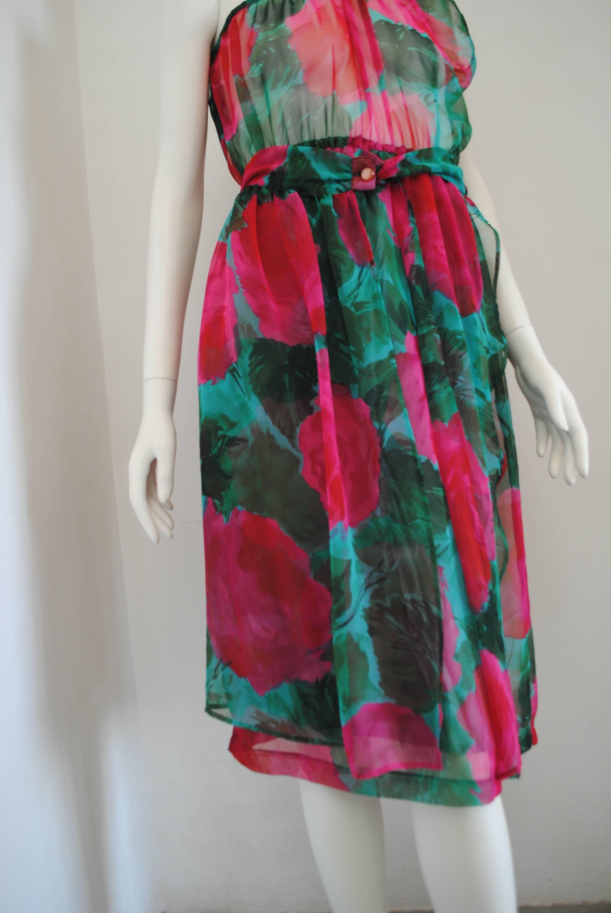 Black 1980s Vintage Green Flower §One Shoulder Dress