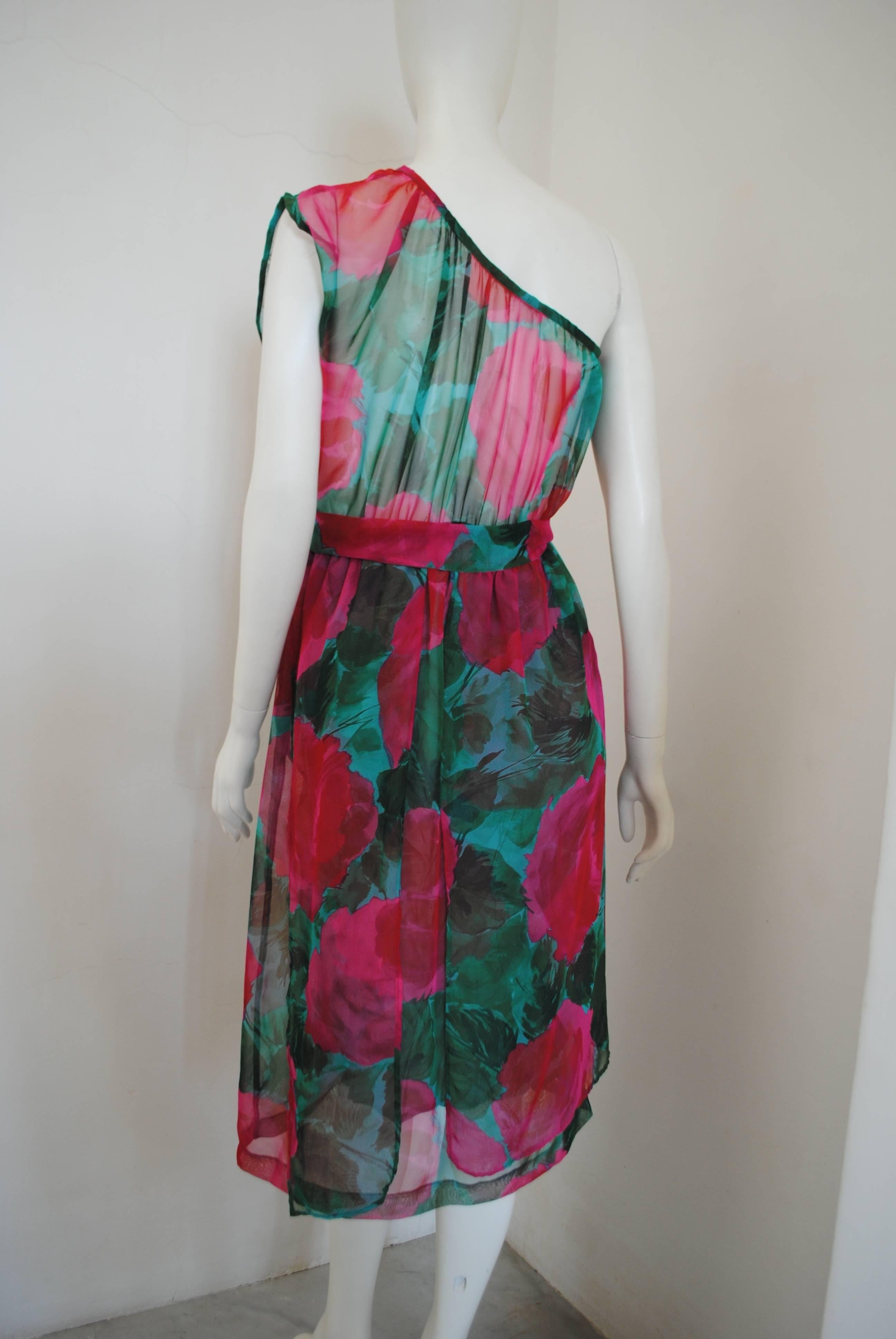 Women's 1980s Vintage Green Flower §One Shoulder Dress