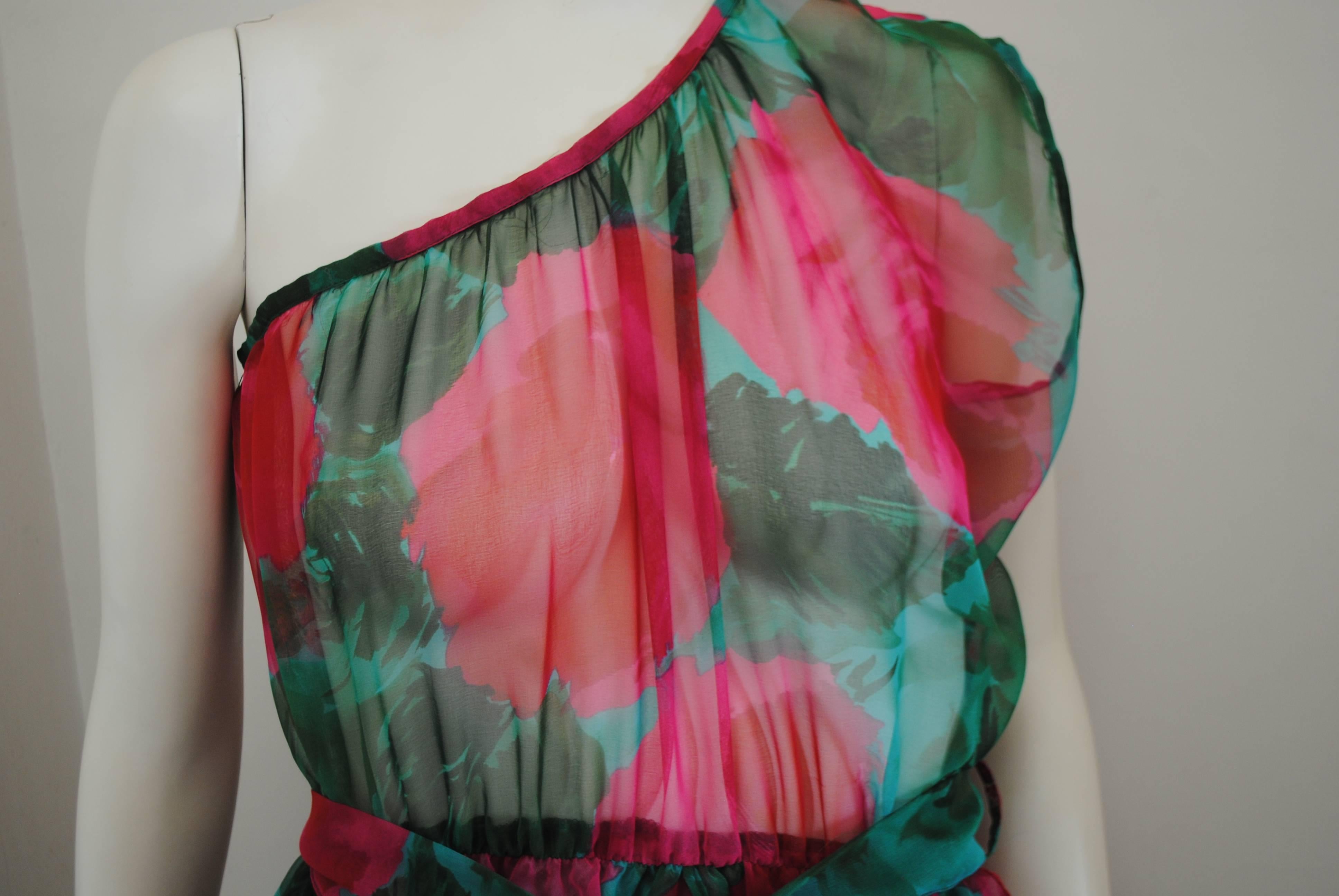 1980s Vintage Green Flower §One Shoulder Dress In Excellent Condition In Capri, IT