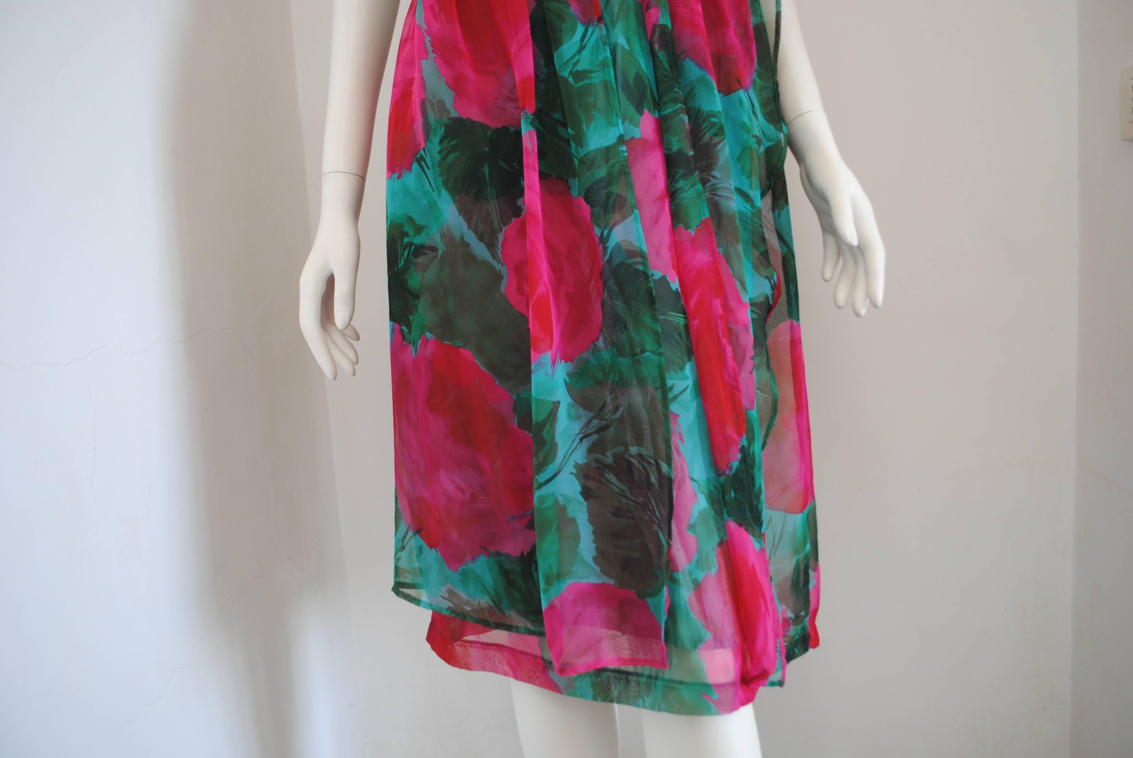 1980s Vintage Green Flower §One Shoulder Dress 1