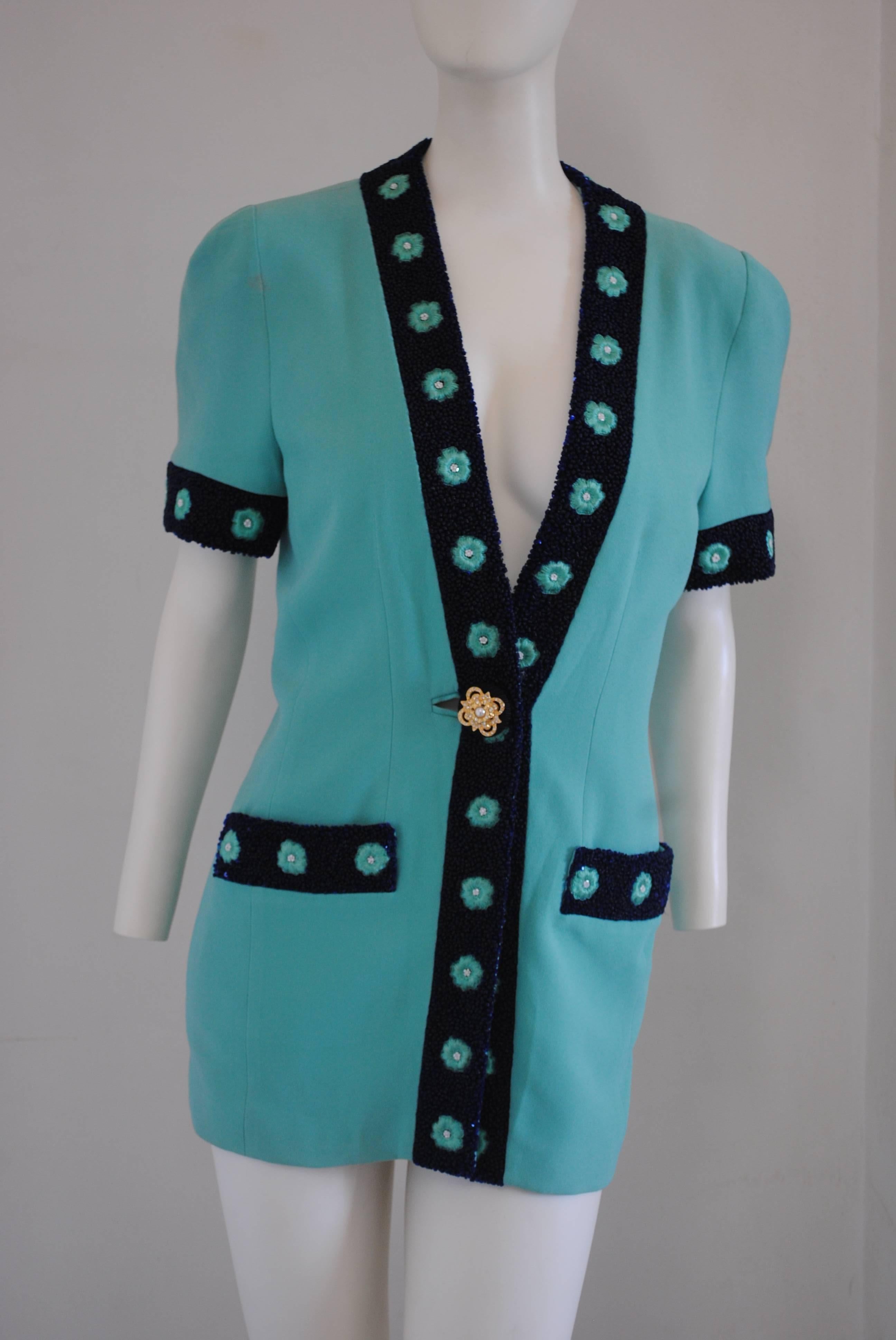 Gai Mattiolo Couture Tiffany Green Blu Beads Jacket In Excellent Condition In Capri, IT