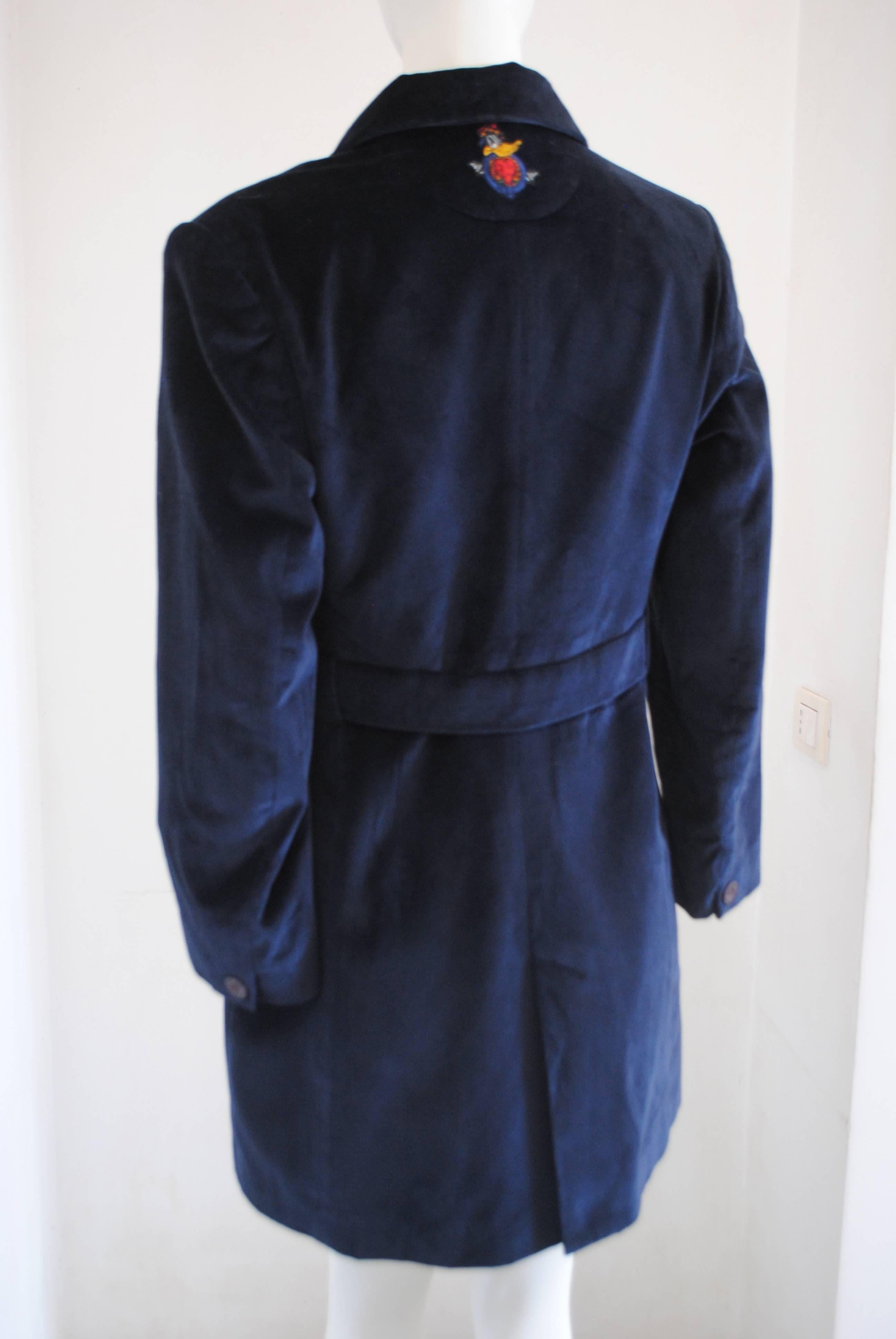 1980s Jean-Charles De Castelbajac Blu Velvet Coat In Excellent Condition For Sale In Capri, IT