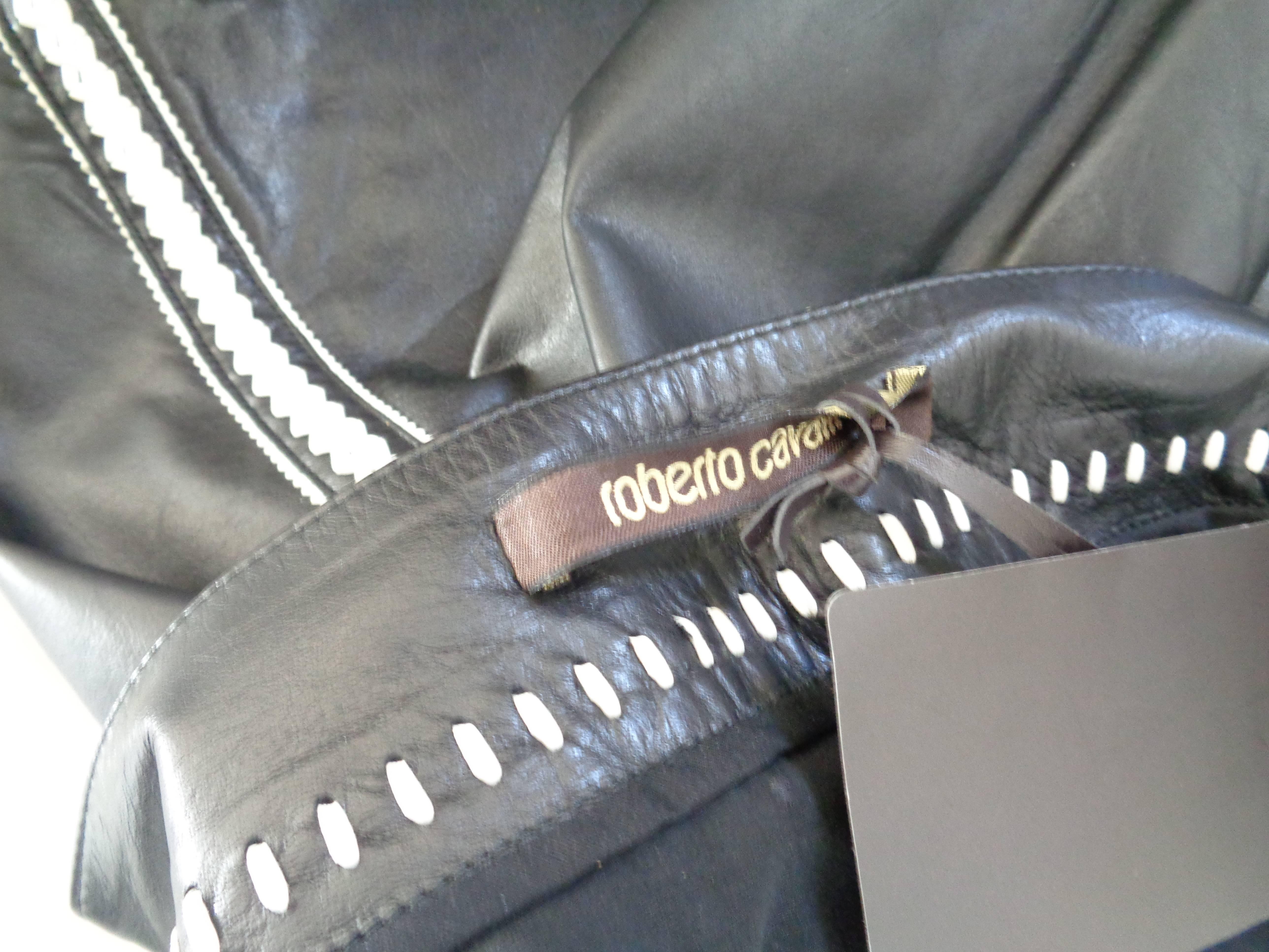 Roberto Cavalli Black Cream Leather Skirt NWOT 2
