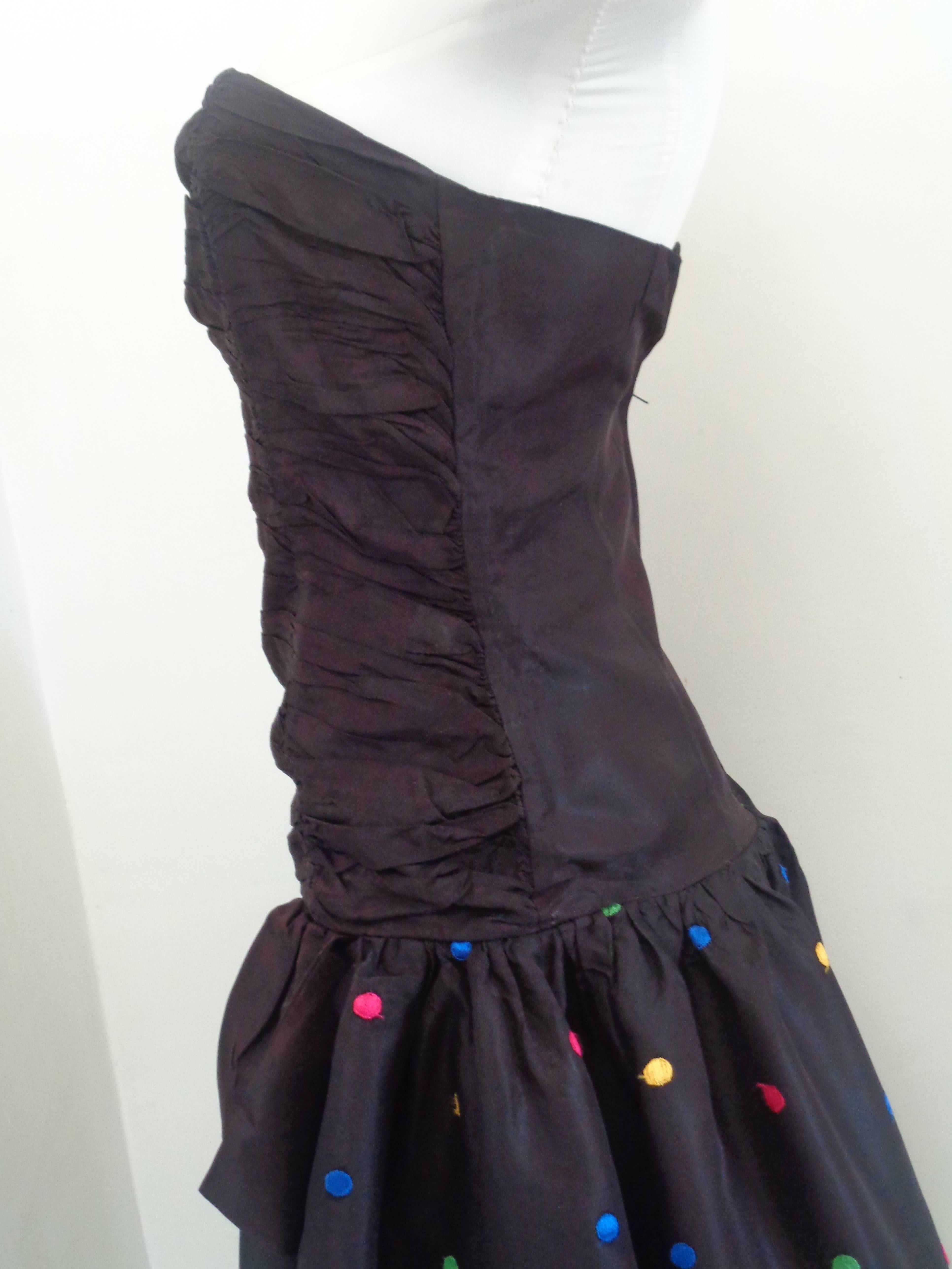 1980s Prom Night Blacke Dress Embellished Pois on Skirt In Excellent Condition For Sale In Capri, IT