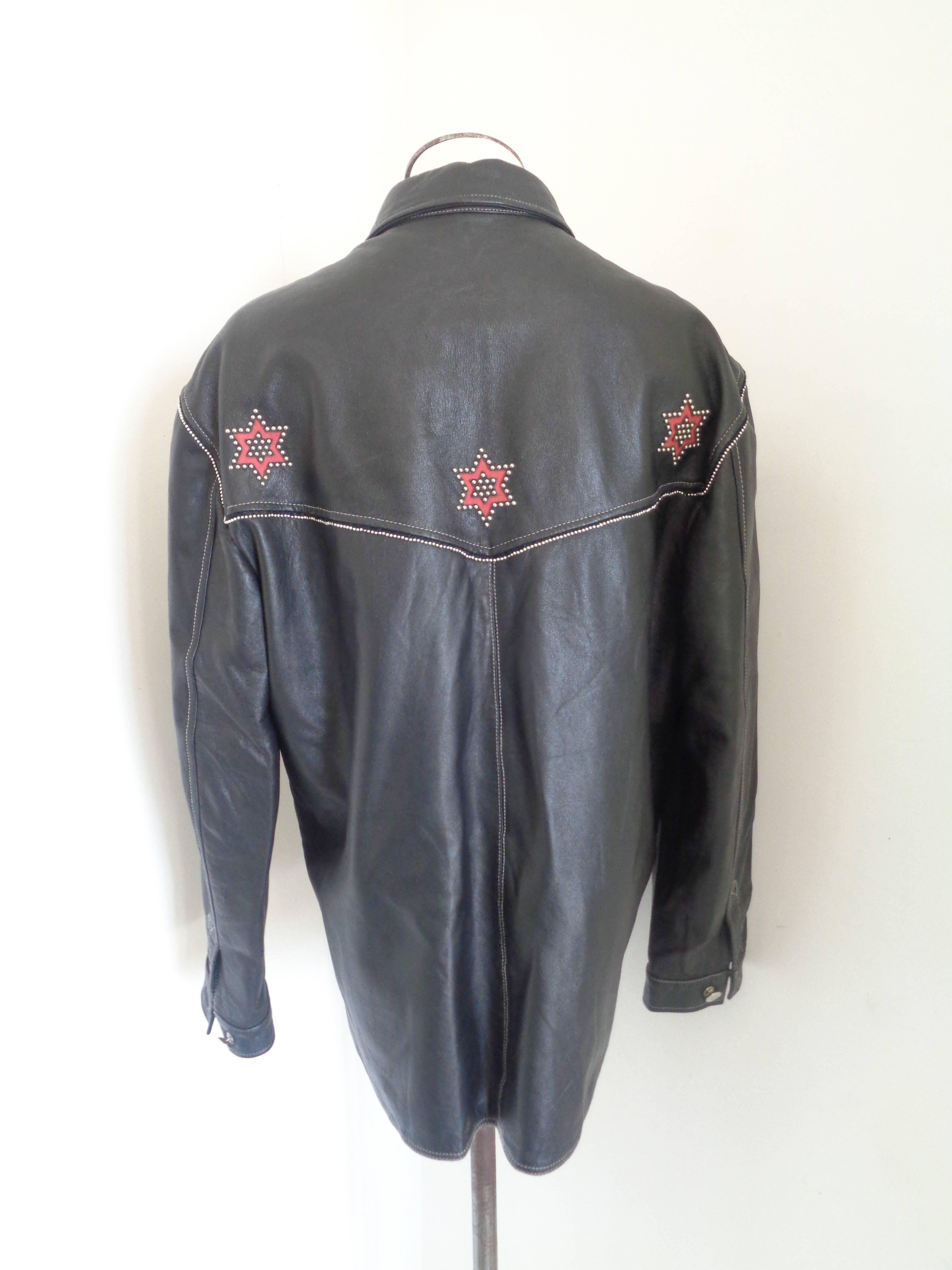 Vintage Vinci Black Red stars leather shirt  2