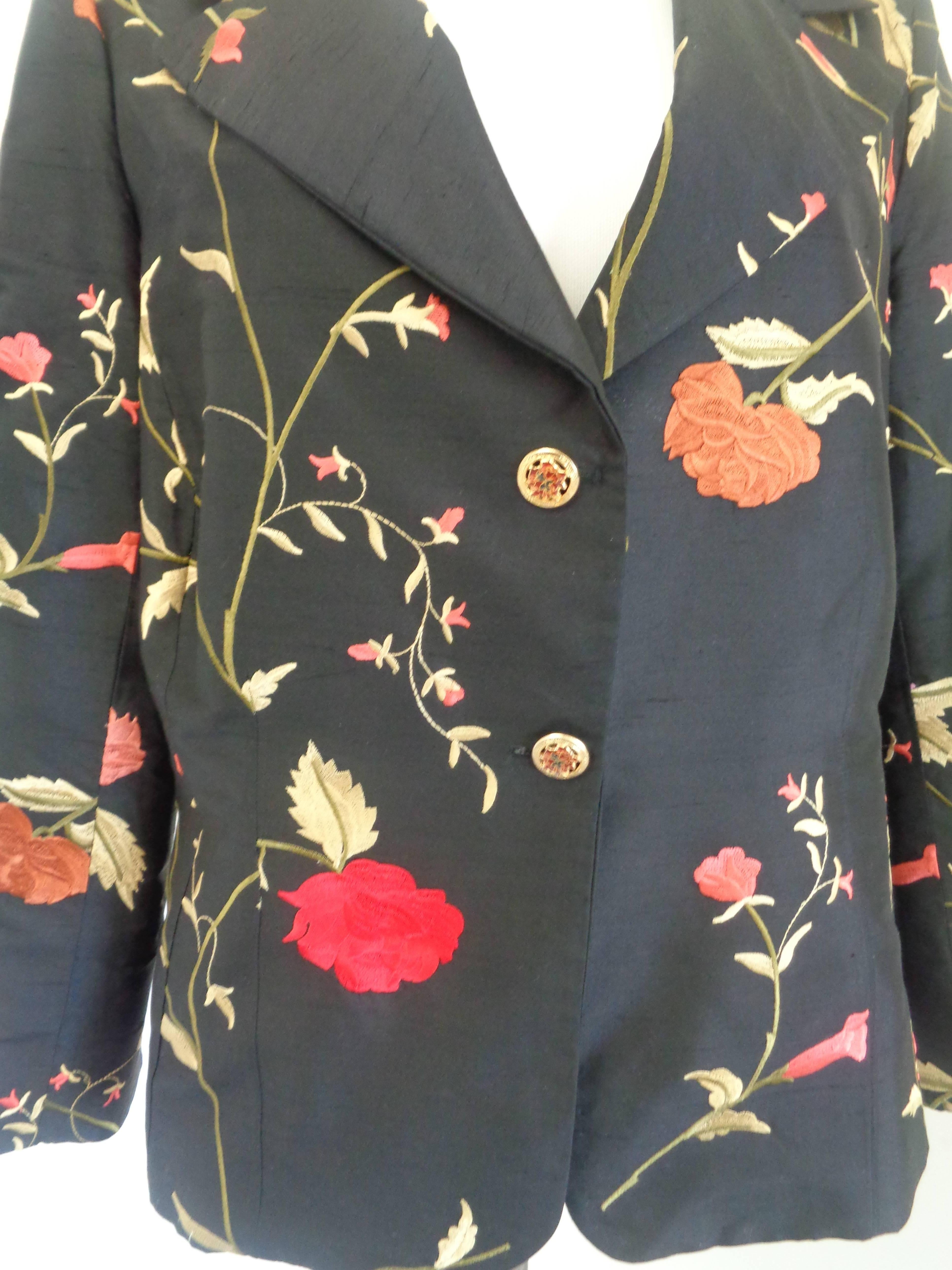 1980s Vintage Black Shantung Flower Jacket

