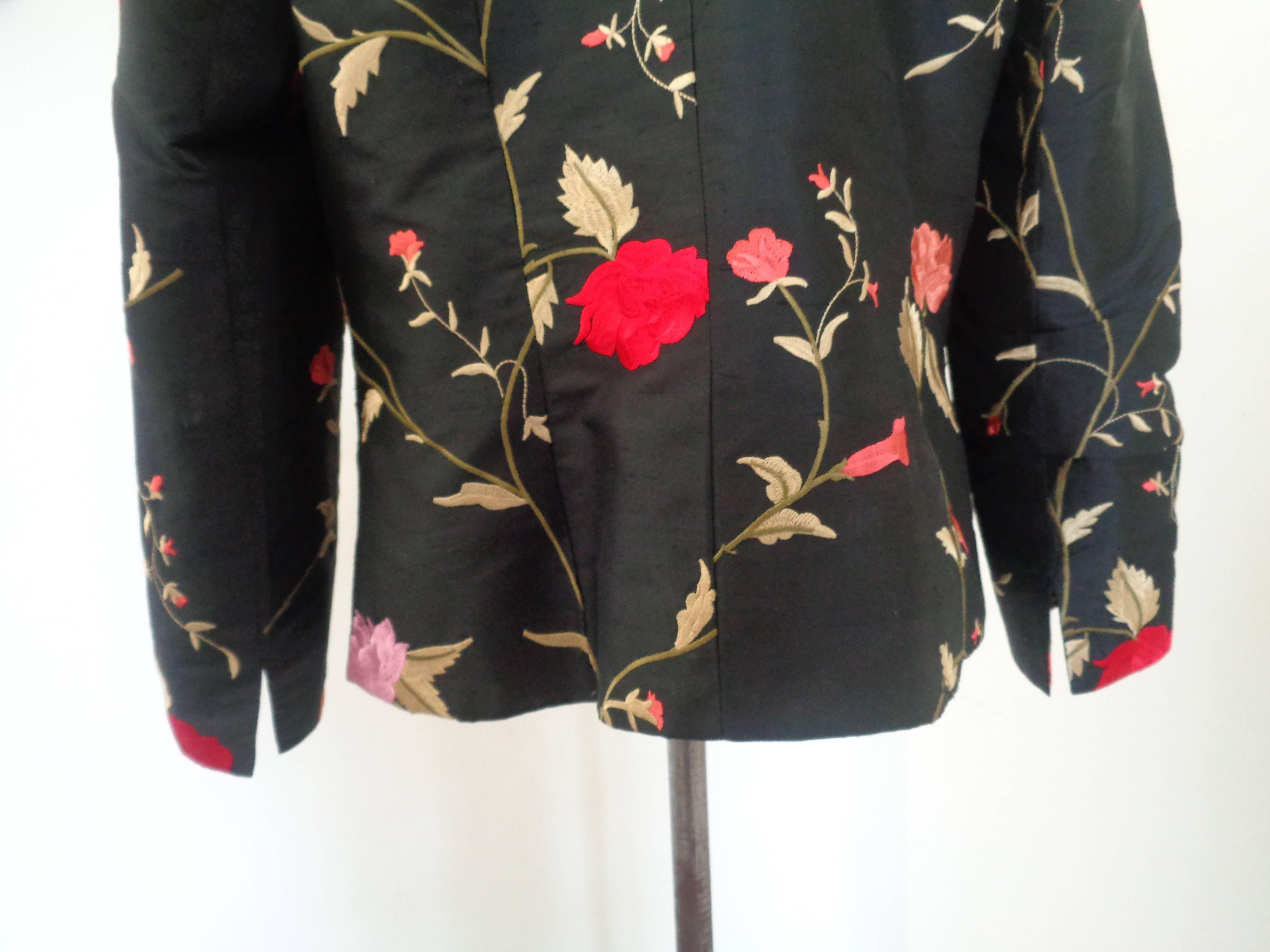 Women's or Men's 1980s Vintage Black Shantung Flower Jacket