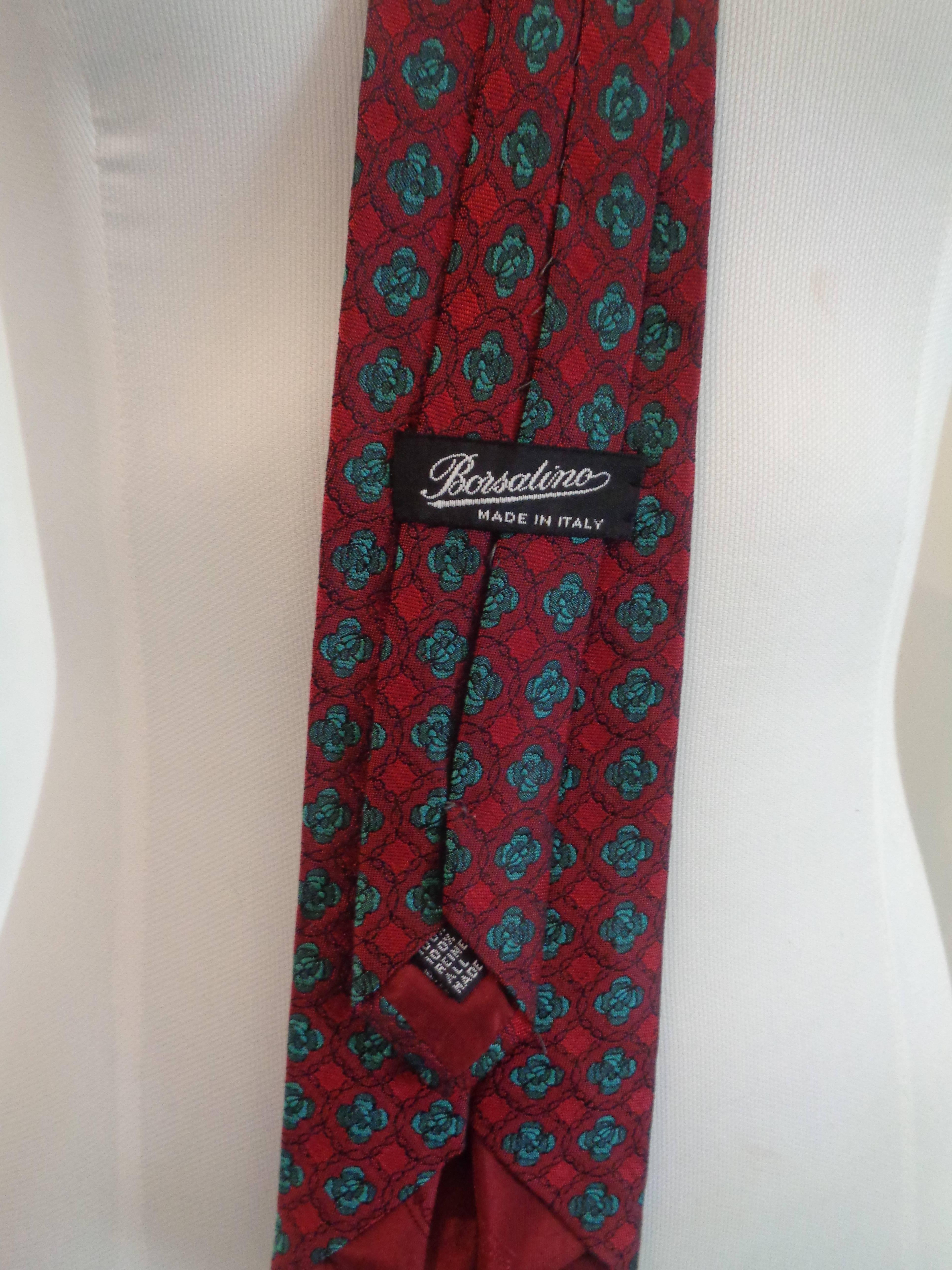 Borsalino Red Green flower Silk tie In Excellent Condition In Capri, IT