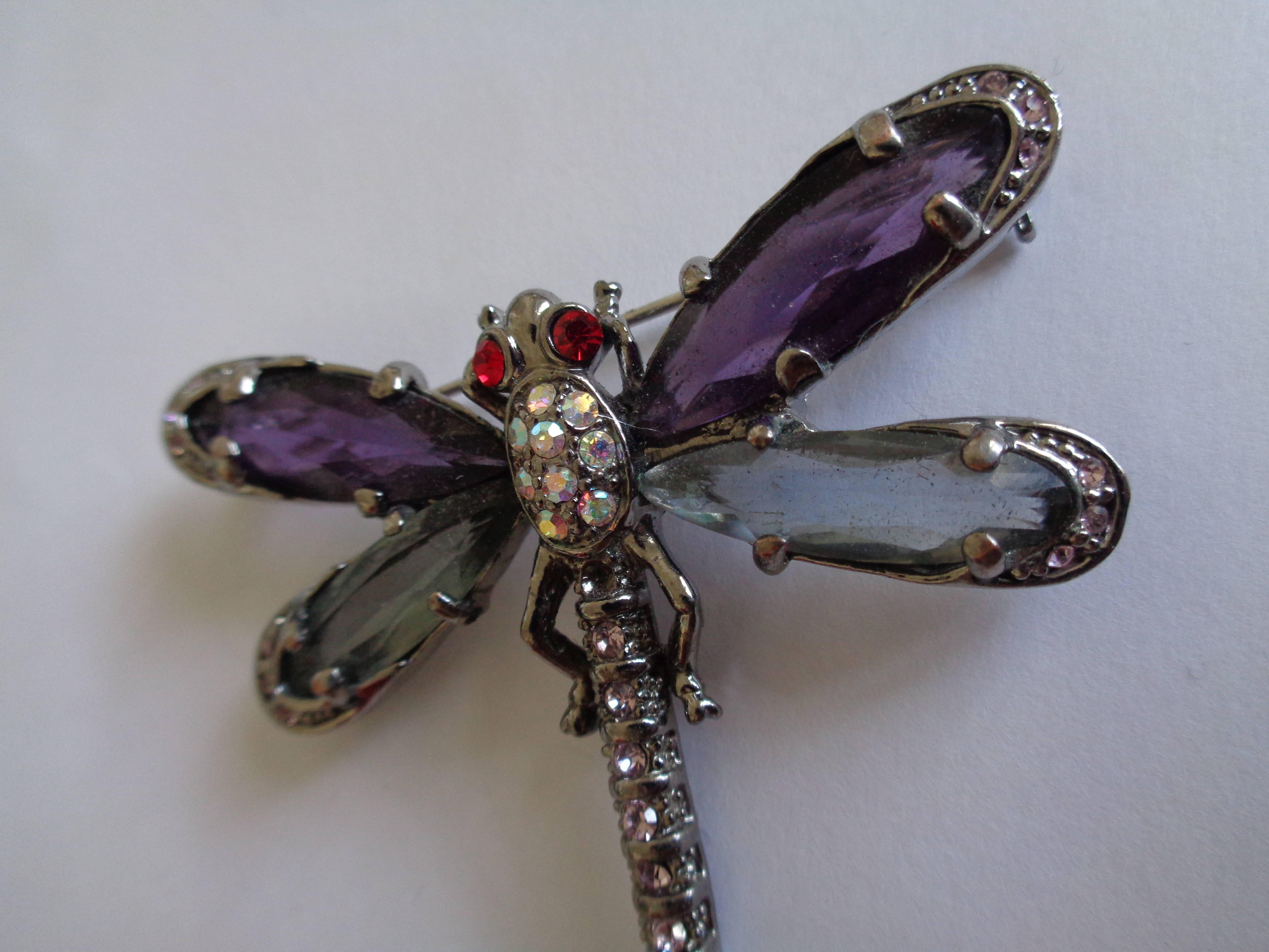 Dragonfly Purple Light blu Silver Swarovski Brooch Pin In Excellent Condition In Capri, IT
