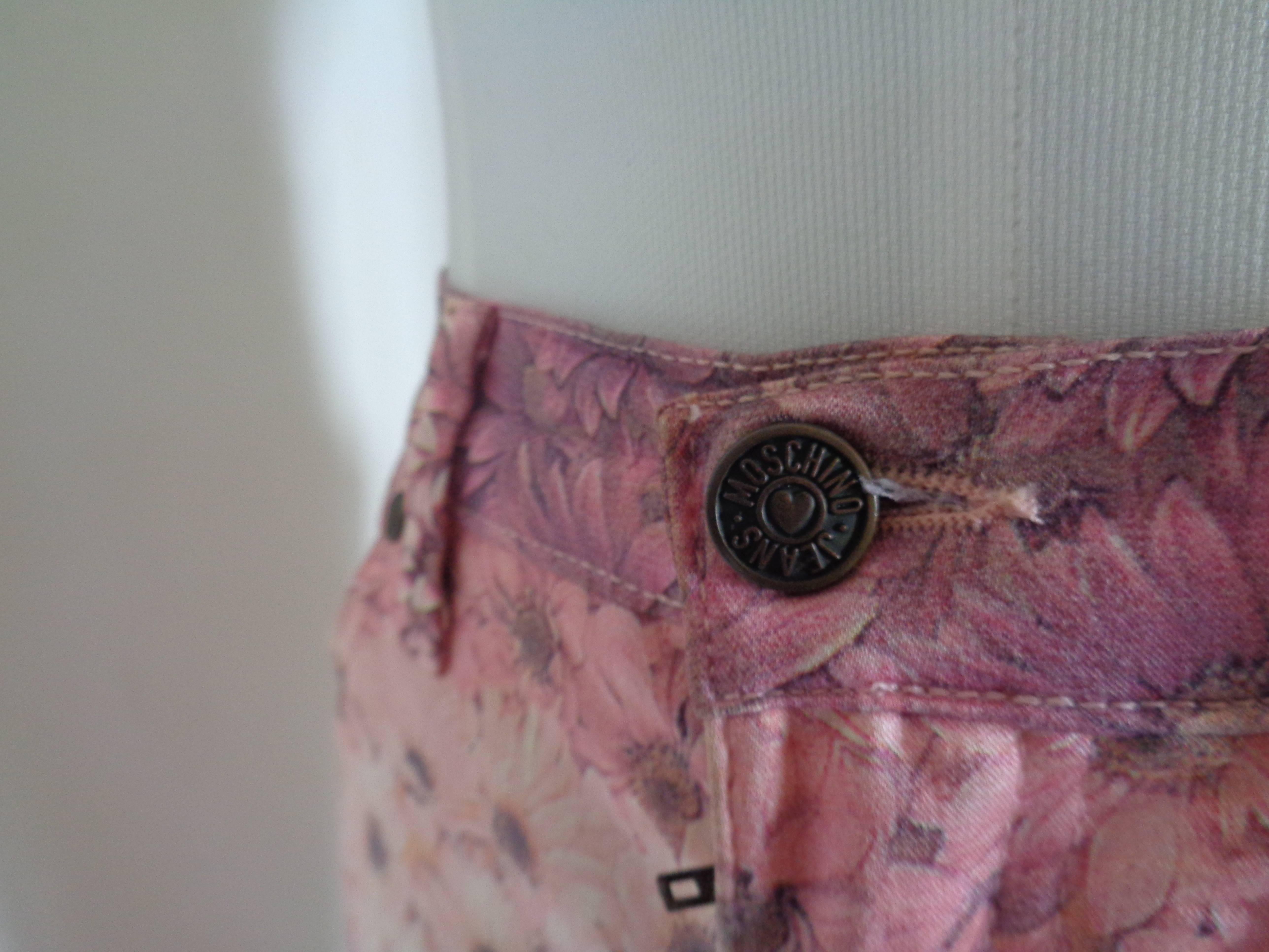 Brown Moschino Pink Flower Cotton Jeans For Sale