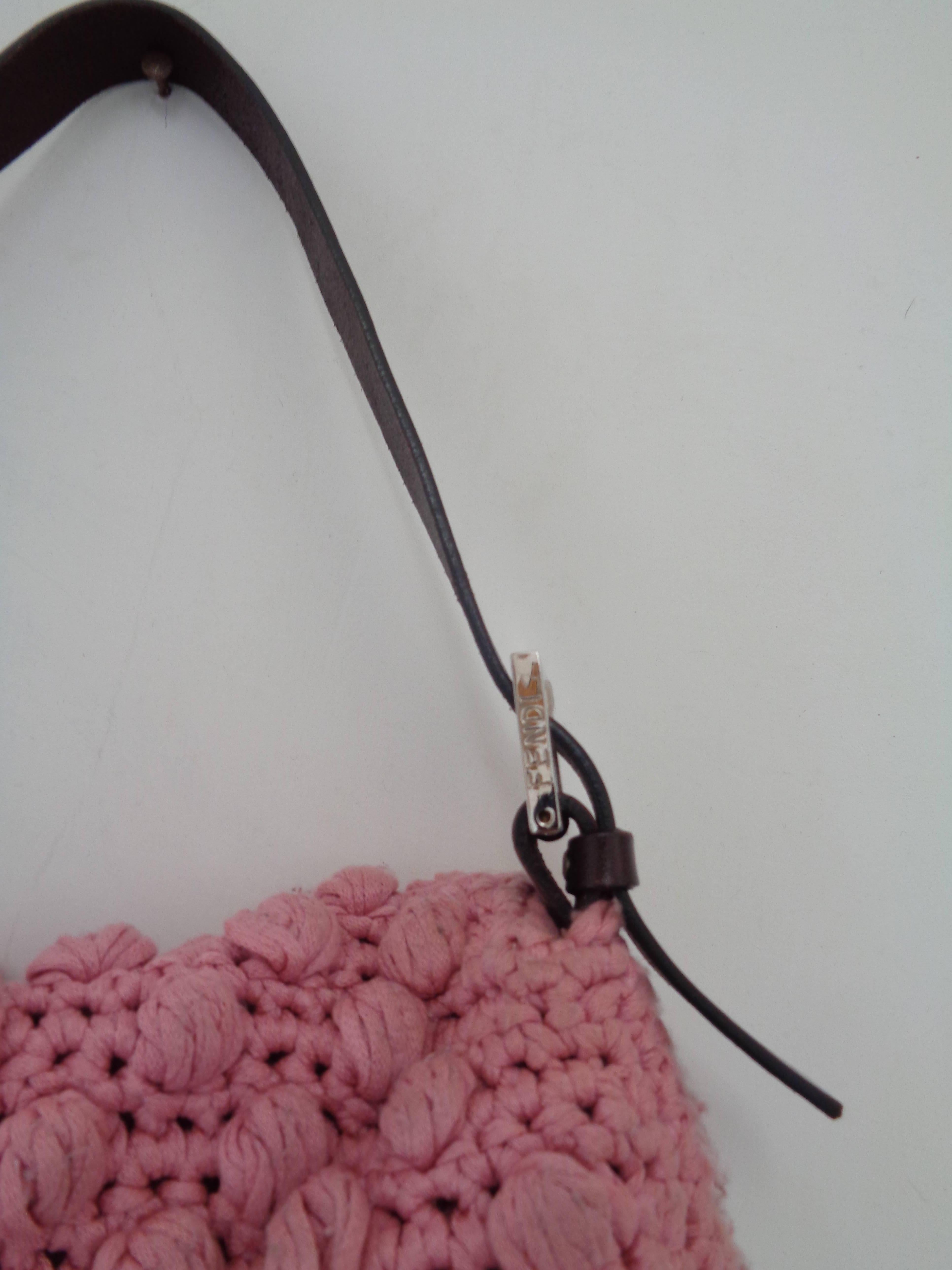Fendi Pink Wool Brown Leather Baguette Bag In Good Condition In Capri, IT