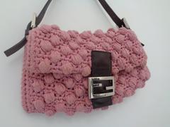 Fendi Pink Wool Brown Leather Baguette Bag