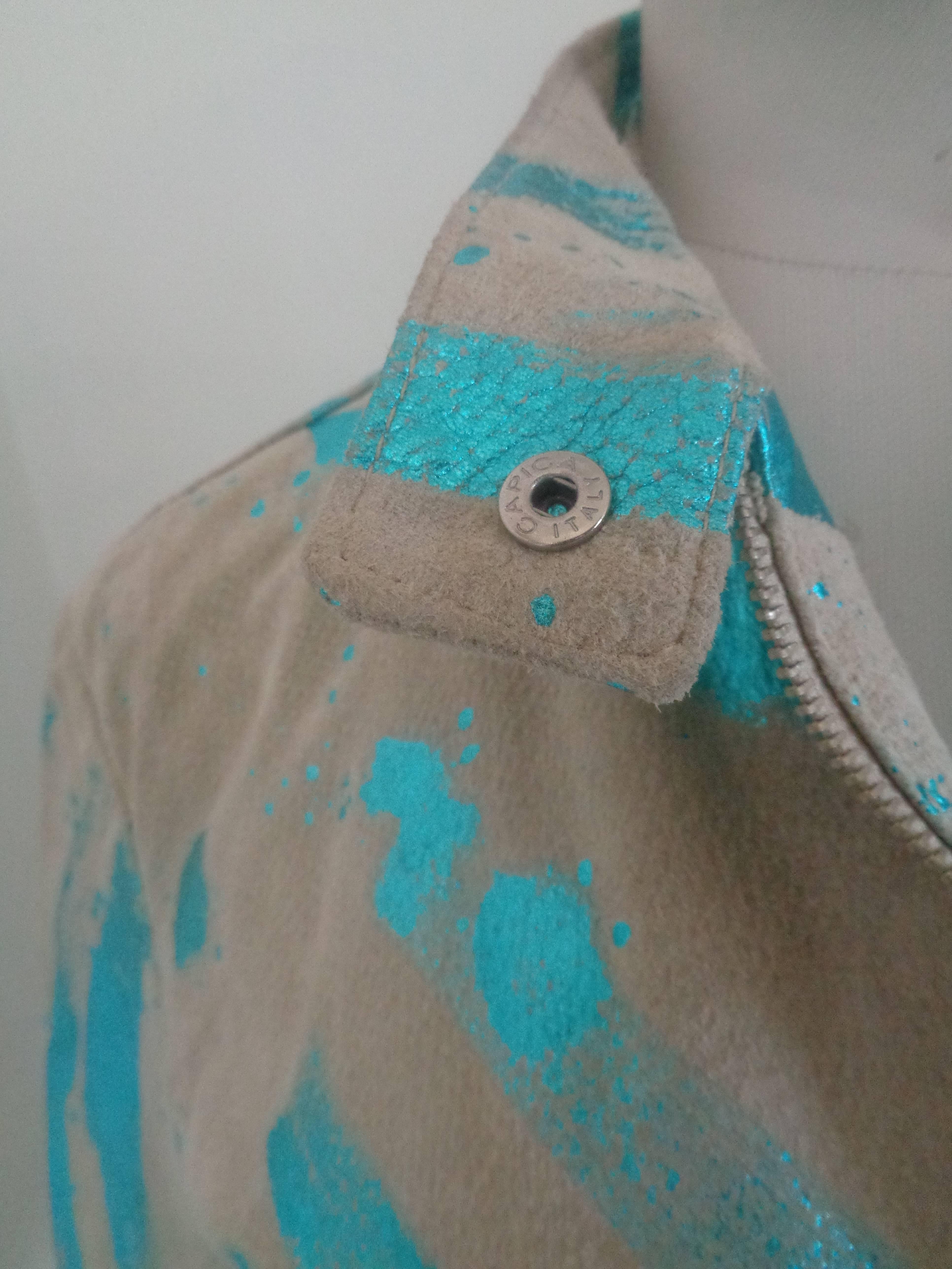 Gray Vintage Beije Turquoise print Leather Jacket