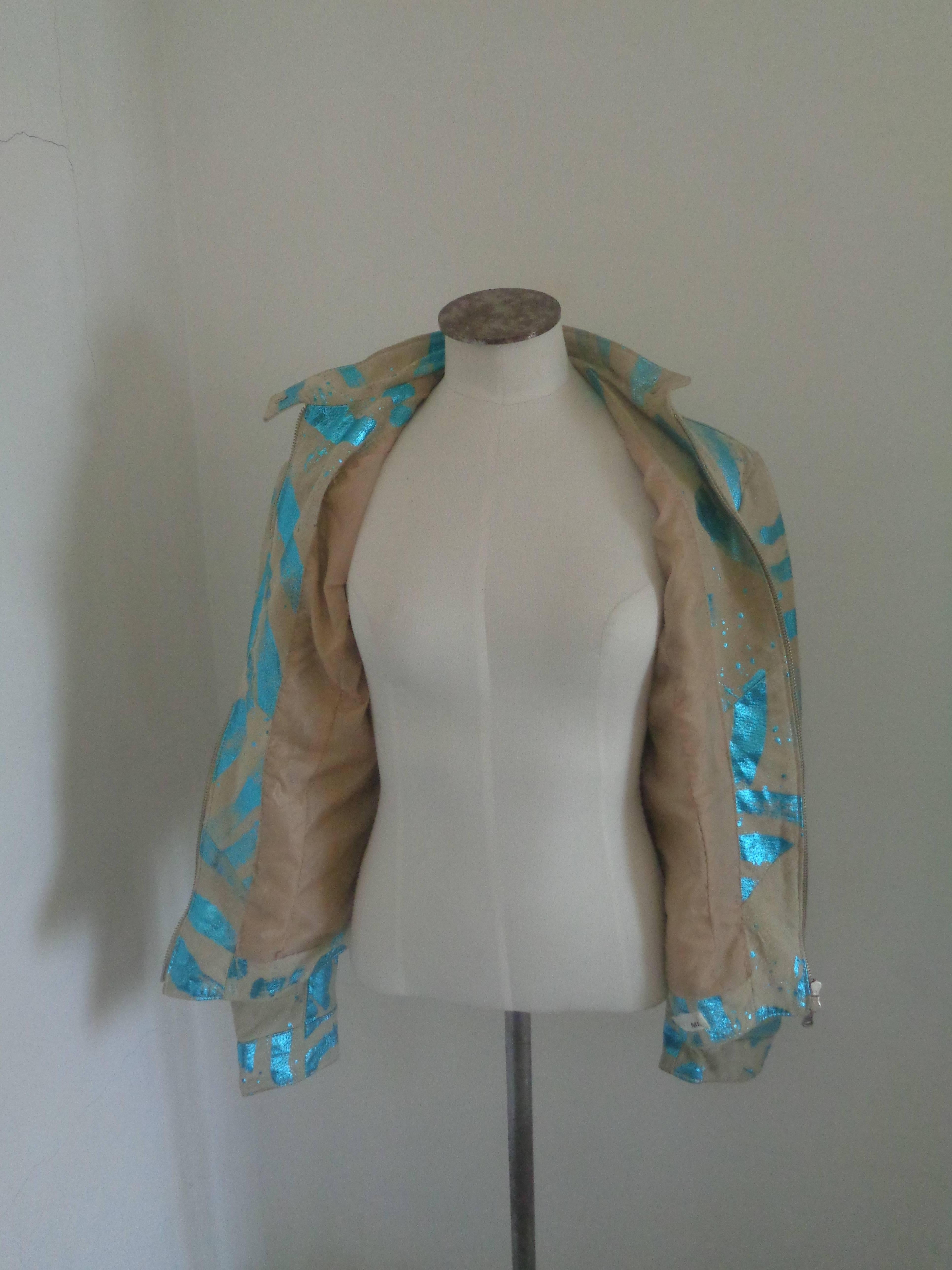 Vintage Beije Turquoise print Leather Jacket In Excellent Condition In Capri, IT