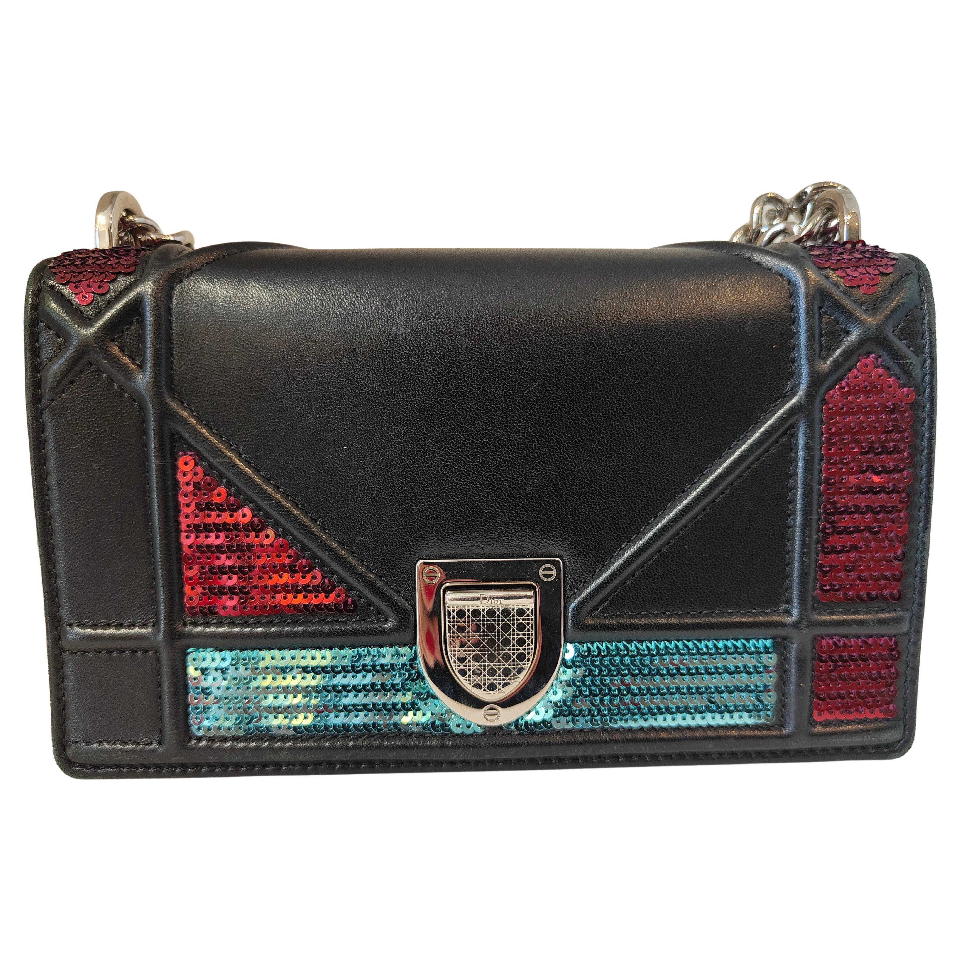 Christian Dior Sac à rabat Diorama noir avec paillettes en vente
