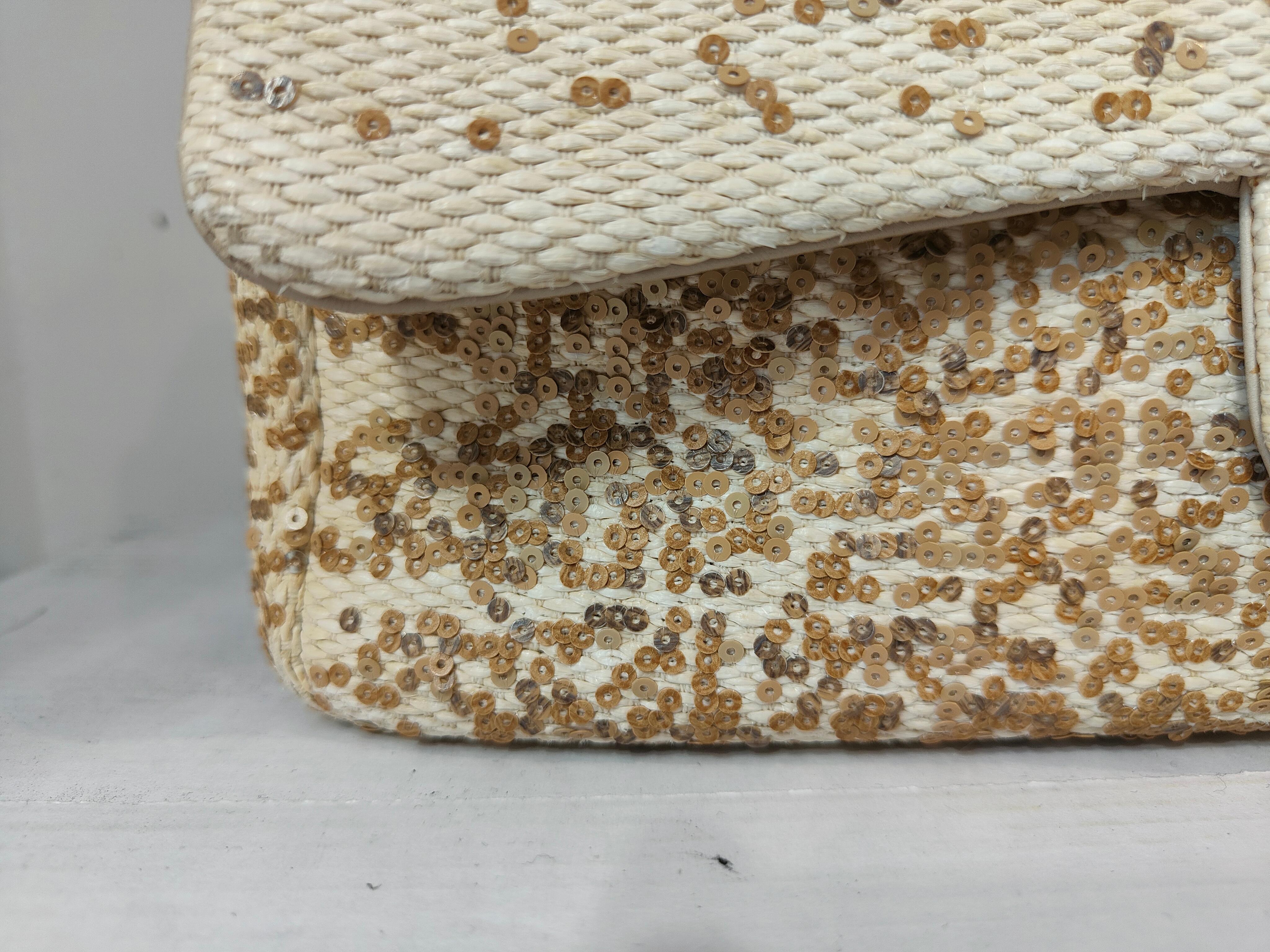 Marron Chanel jumbo raffia sequins single flap en vente