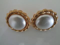 Trifari Gold Tone White Faux Pearls Earrings