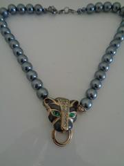 Kenneth Jay Lane for Avon Grey Faux Pearls with Tiger Necklace