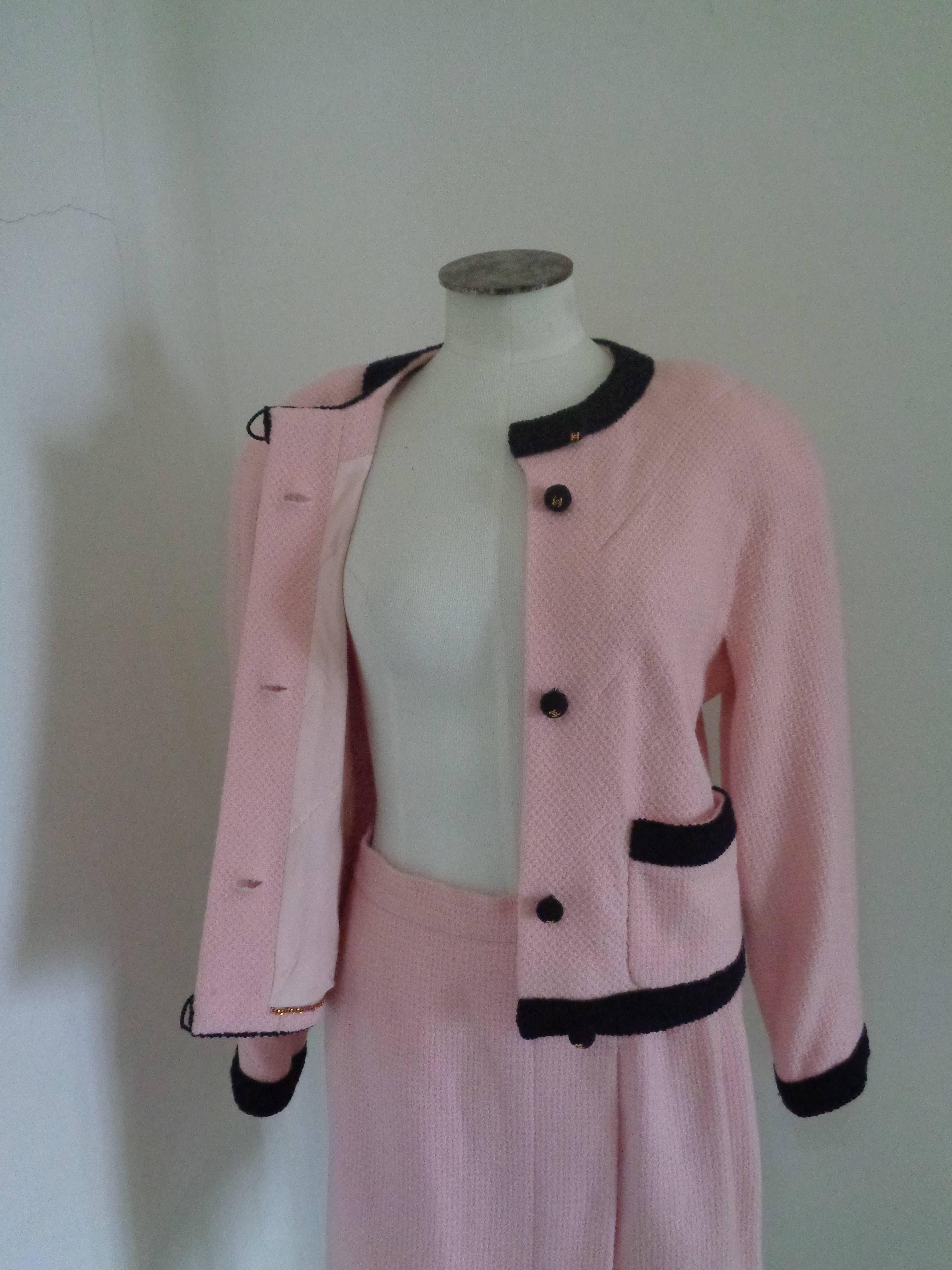Chanel Pink Black with Gold Hardware Wool Skirt Suit 2