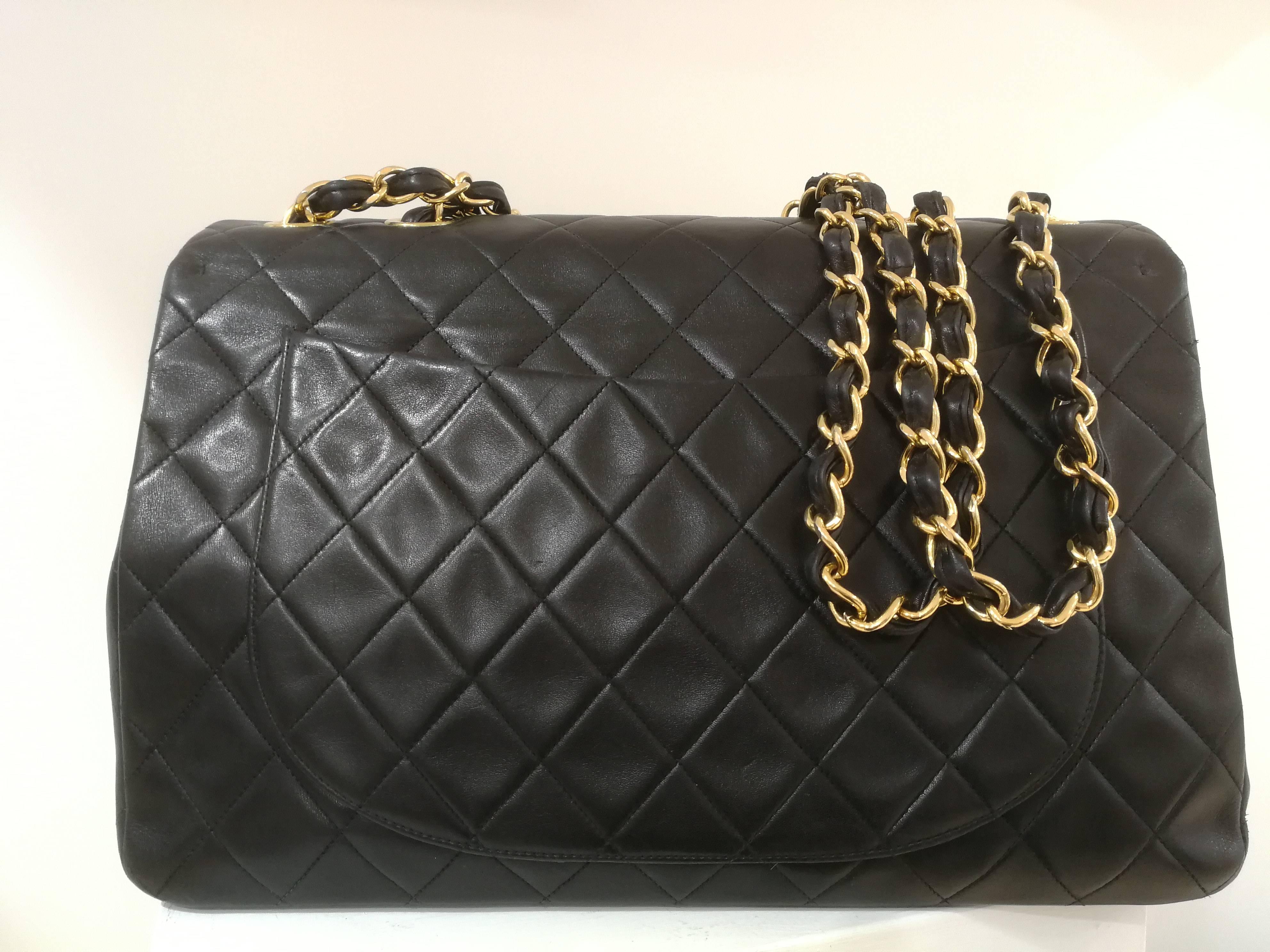 Chanel Black leather gold hardware maxi jumbo shoulder bag 1