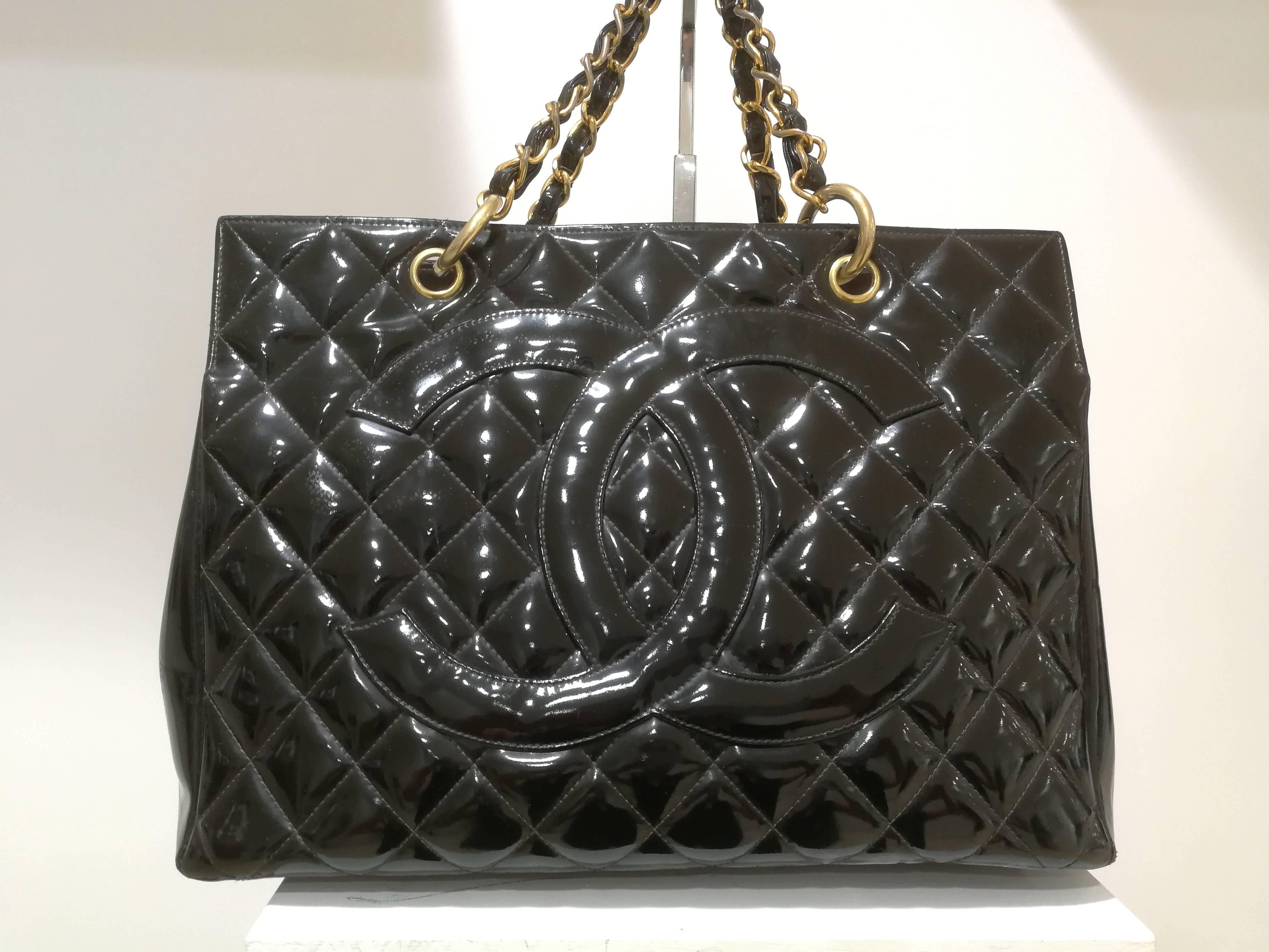Black Chanel black patent leather gold hardware bag
