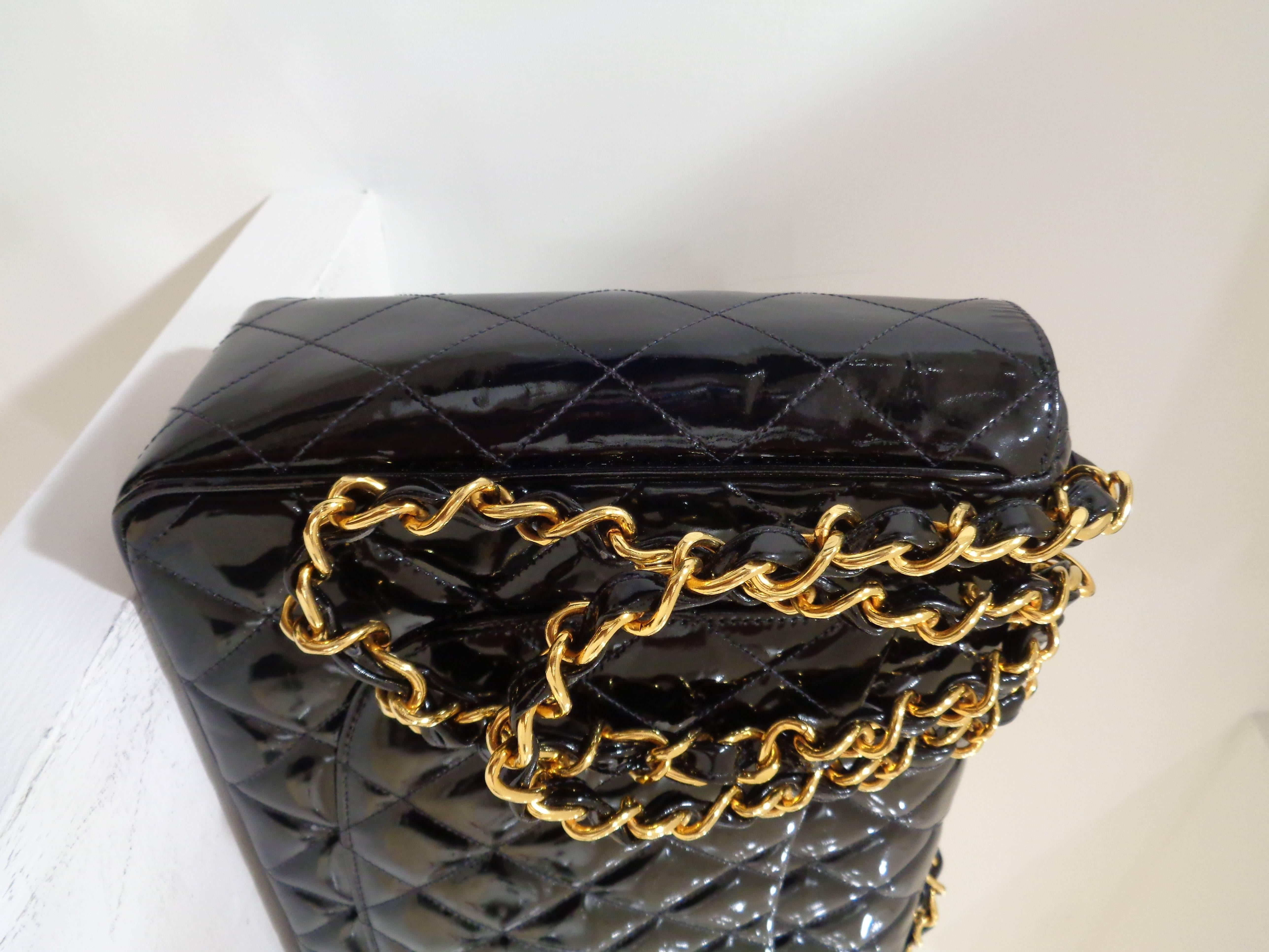 Chanel Black patent leather gold harware maxi jumbo shoulder bag 1