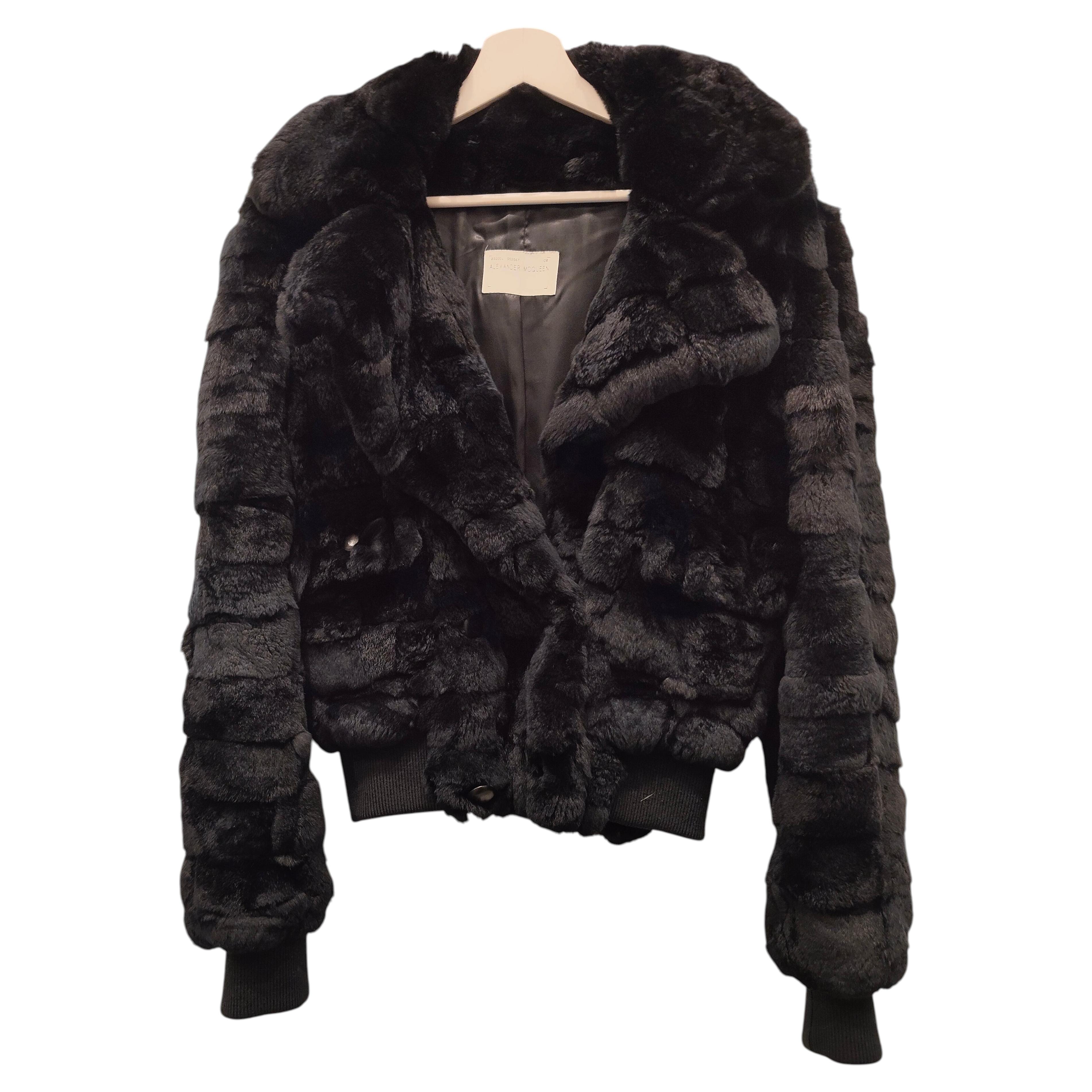 Pre-owned Alexander Mcqueen Black Fur Bomber Jacket Size 44