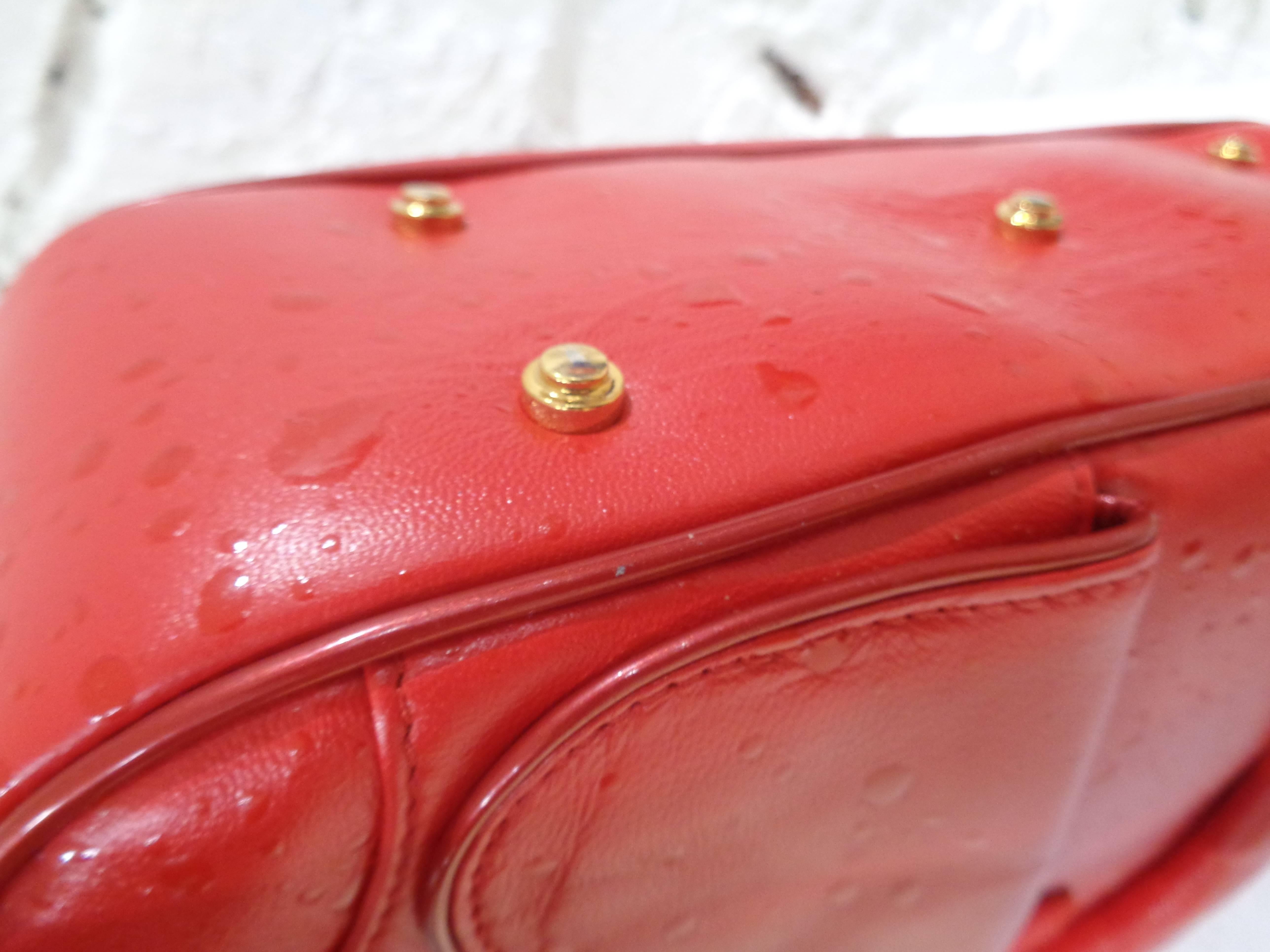 Women's Christian Dior red leather ostrich stamp handbag