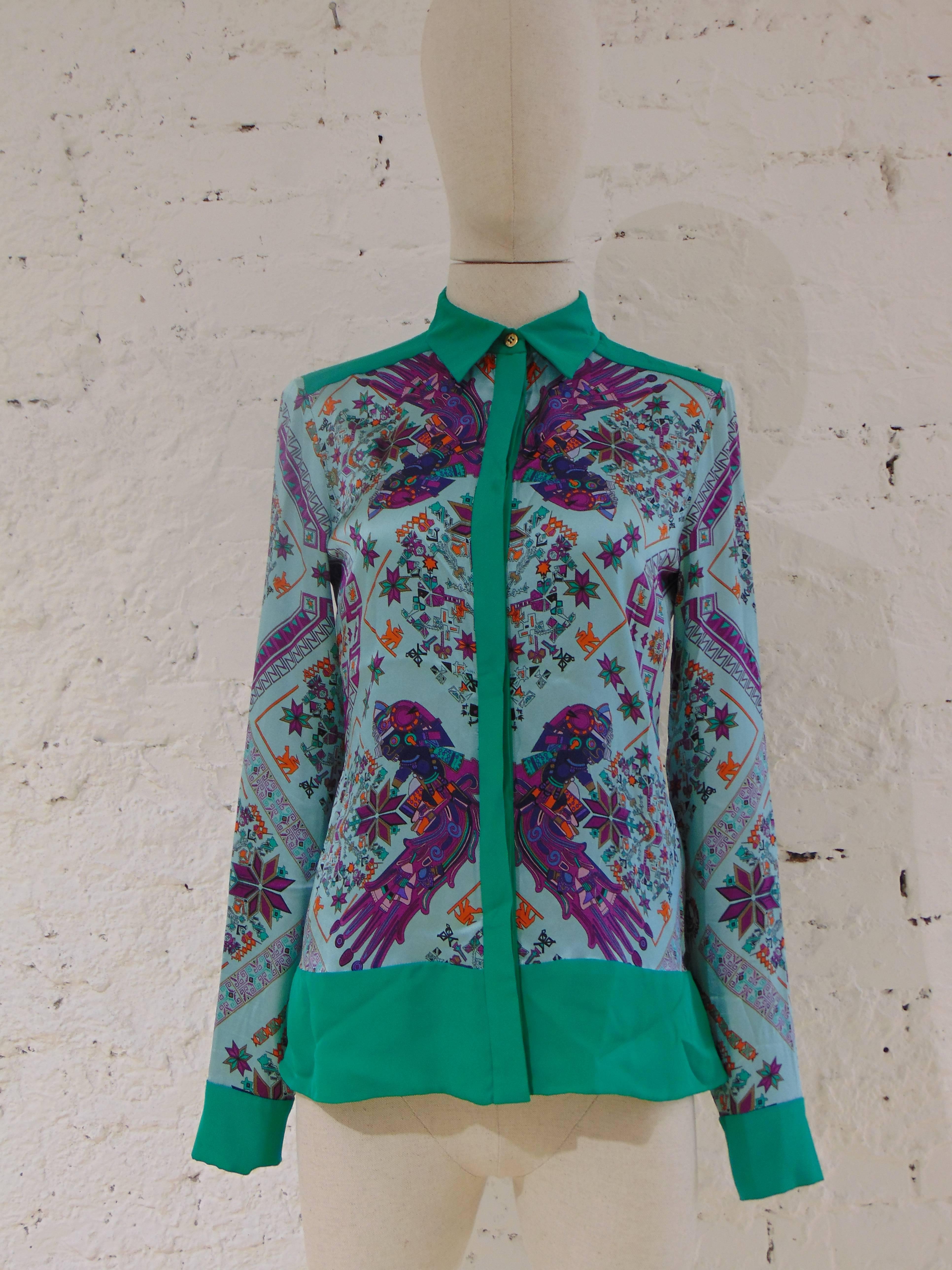 Blue Versace Collection silk multicoloured shirt For Sale