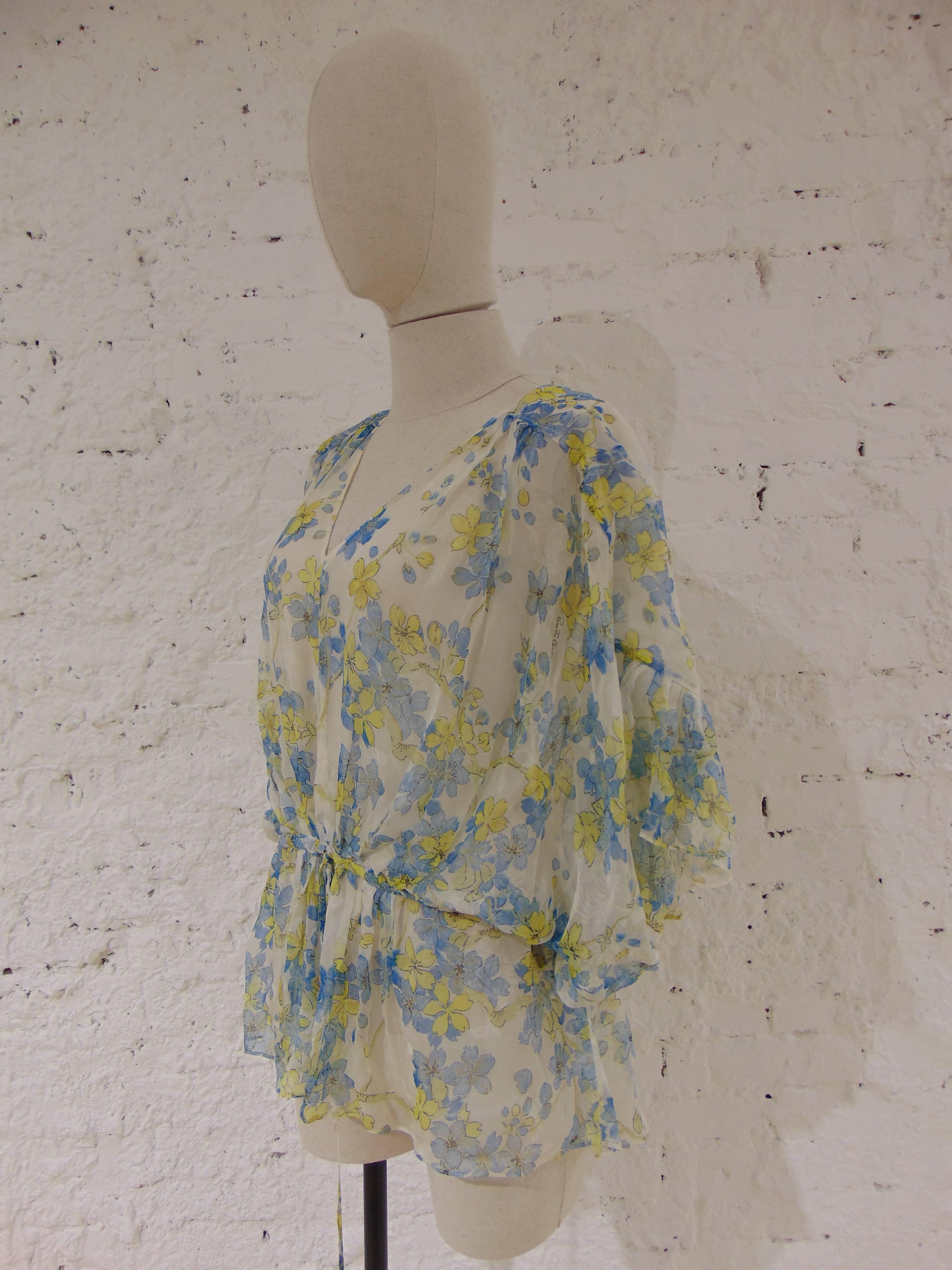 Gray Roberto Cavalli see through flowers silk blouse