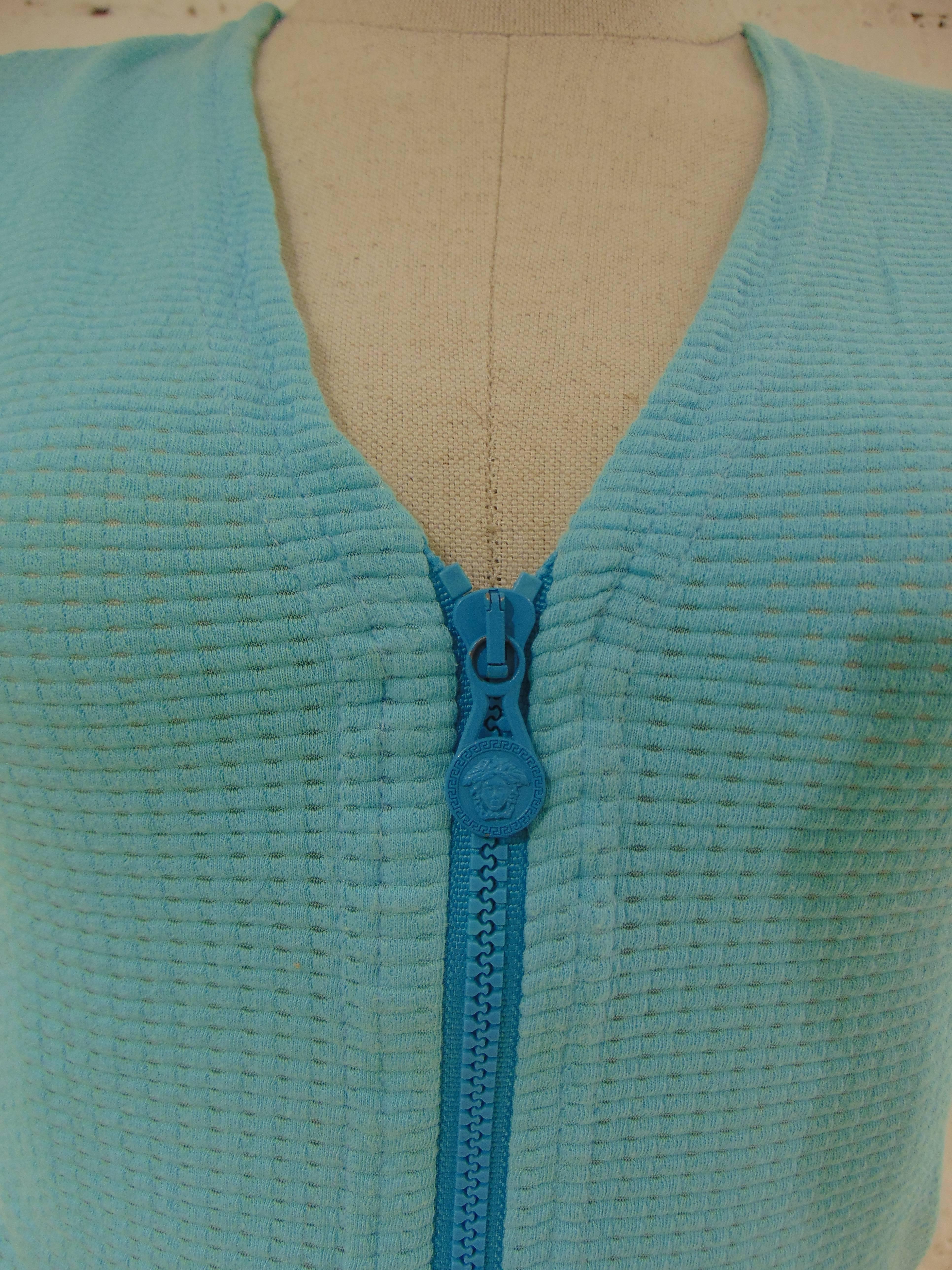 Blue Versace light blue cotton shirt with Zip  For Sale