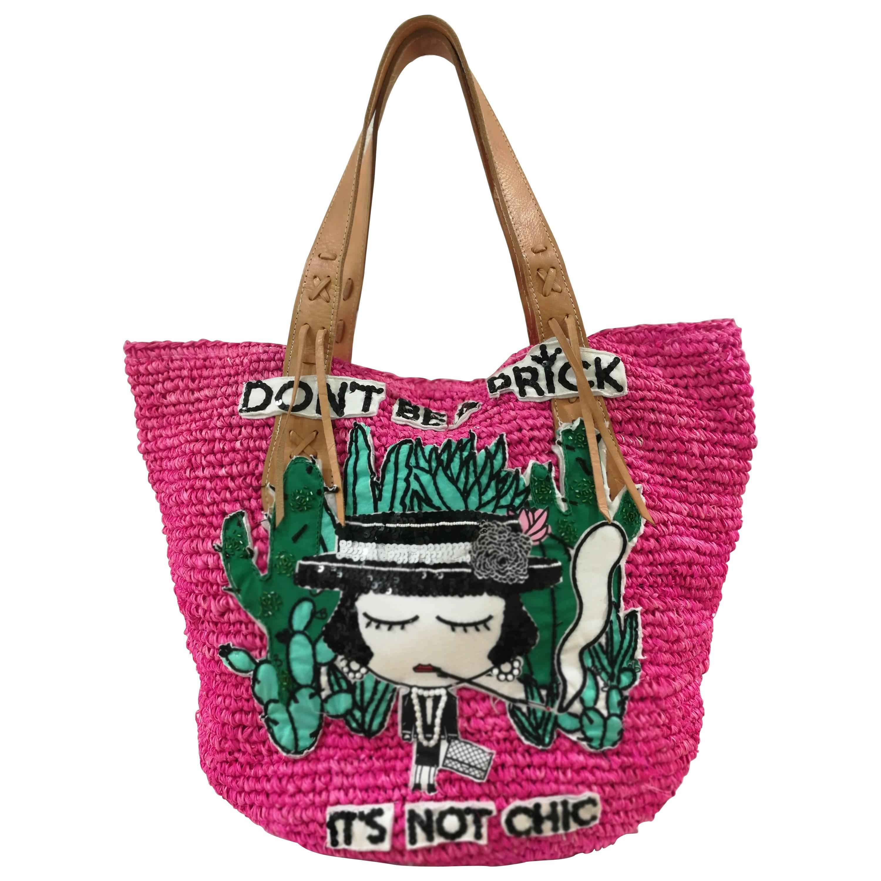 Mua Mua Fucsia Raffia Don't Be a Prick Shoulder Bag