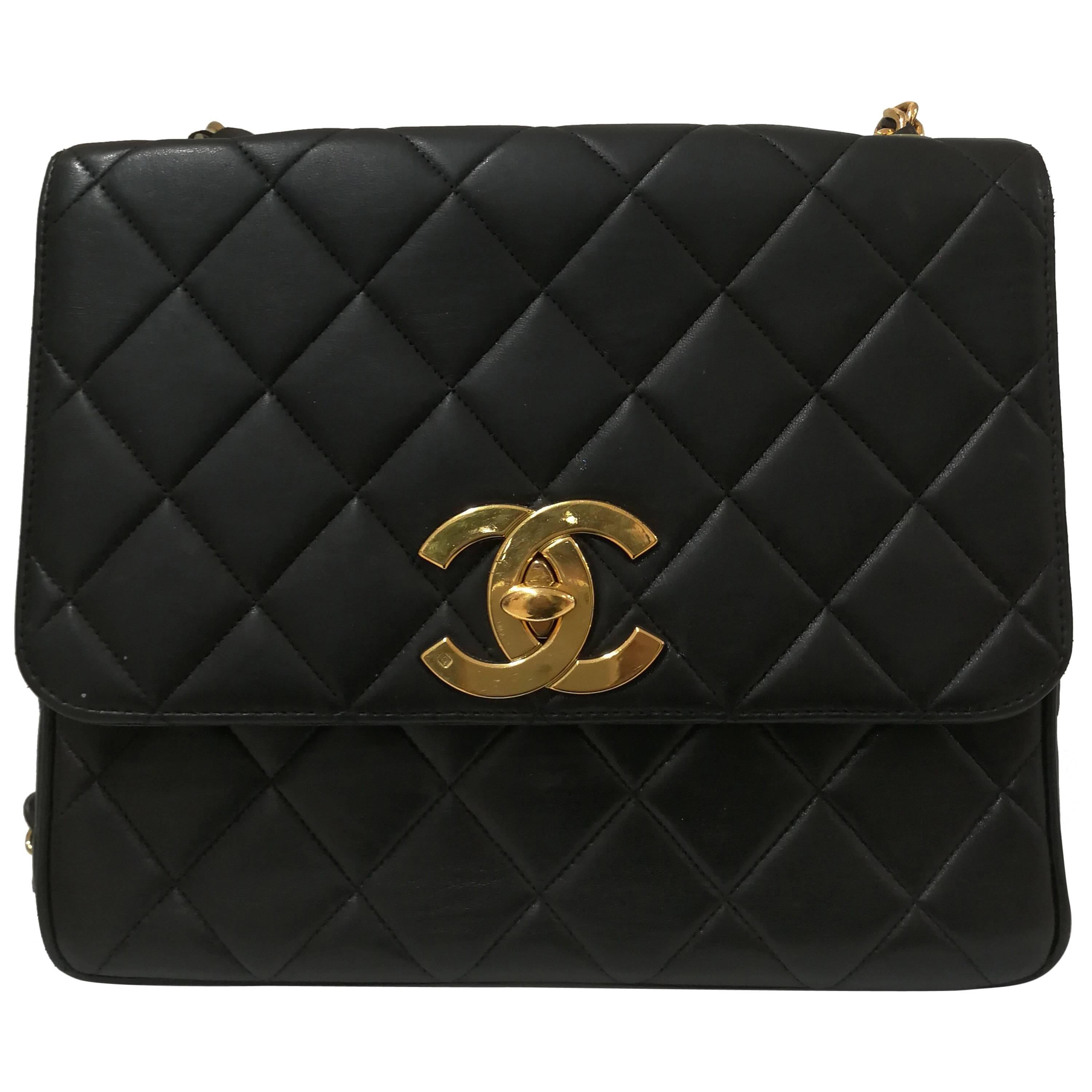 Chanel Black Leather CC Gold Tone Logo Shoulder Bag