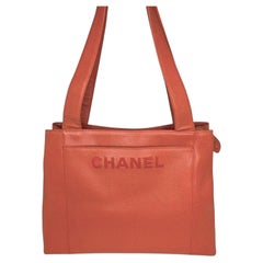 Chanel 90s Orange Caviar Embroidered Logo Shopper Tote
