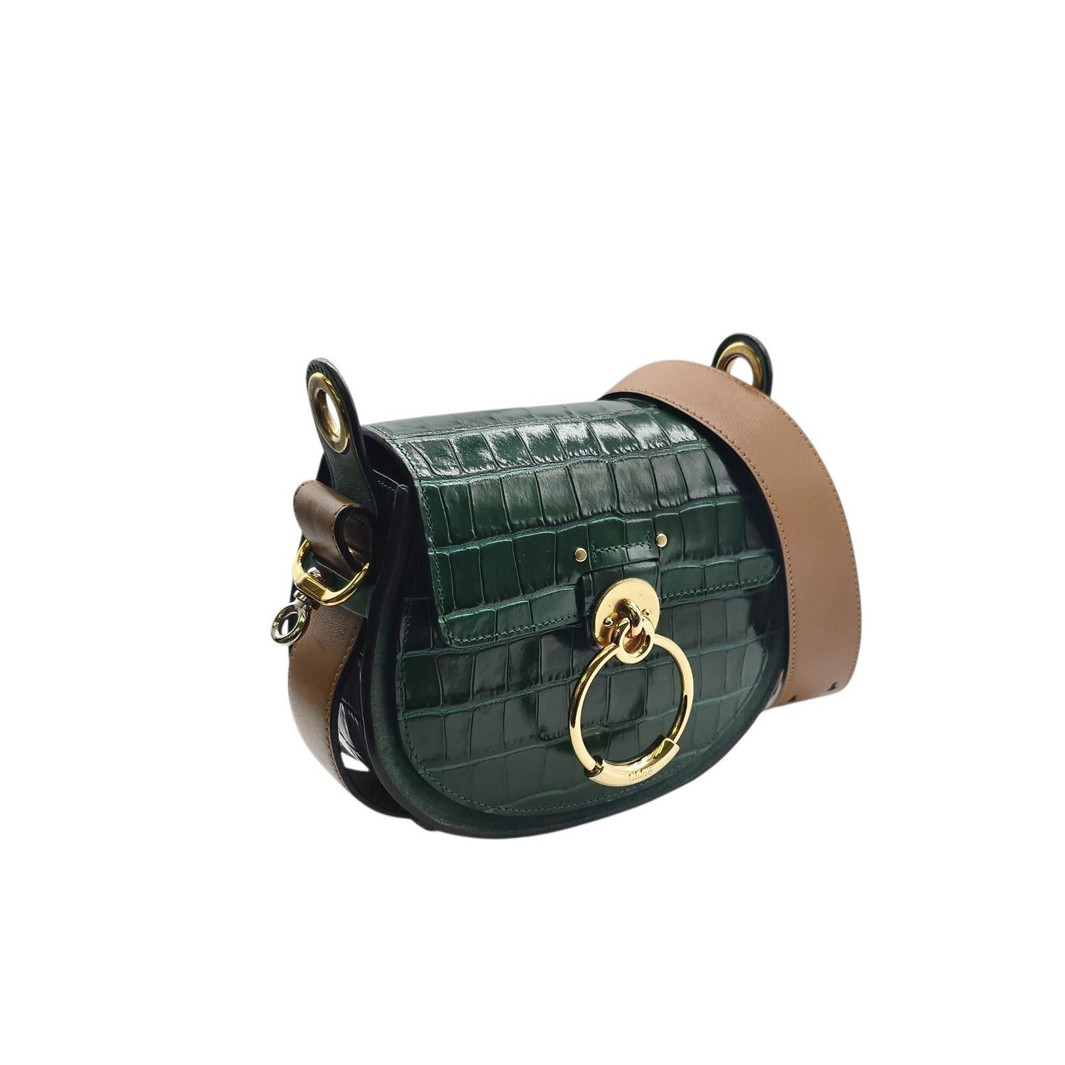 Questa elegante borsa a tracolla è realizzata in pelle di vitello goffrata con coccodrillo e pelle liscia di colore verde. La borsa è dotata di una tracolla in pelle regolabile opzionale con manici grandi e stilizzati con finiture in oro e argento.