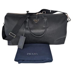 Prada Black Saffiano Leather Travel Duffle Bag with Silver Hardware