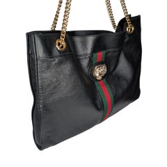 Gucci Large Rajah Tote Black Leather with Crystal Tiger Head Pouch