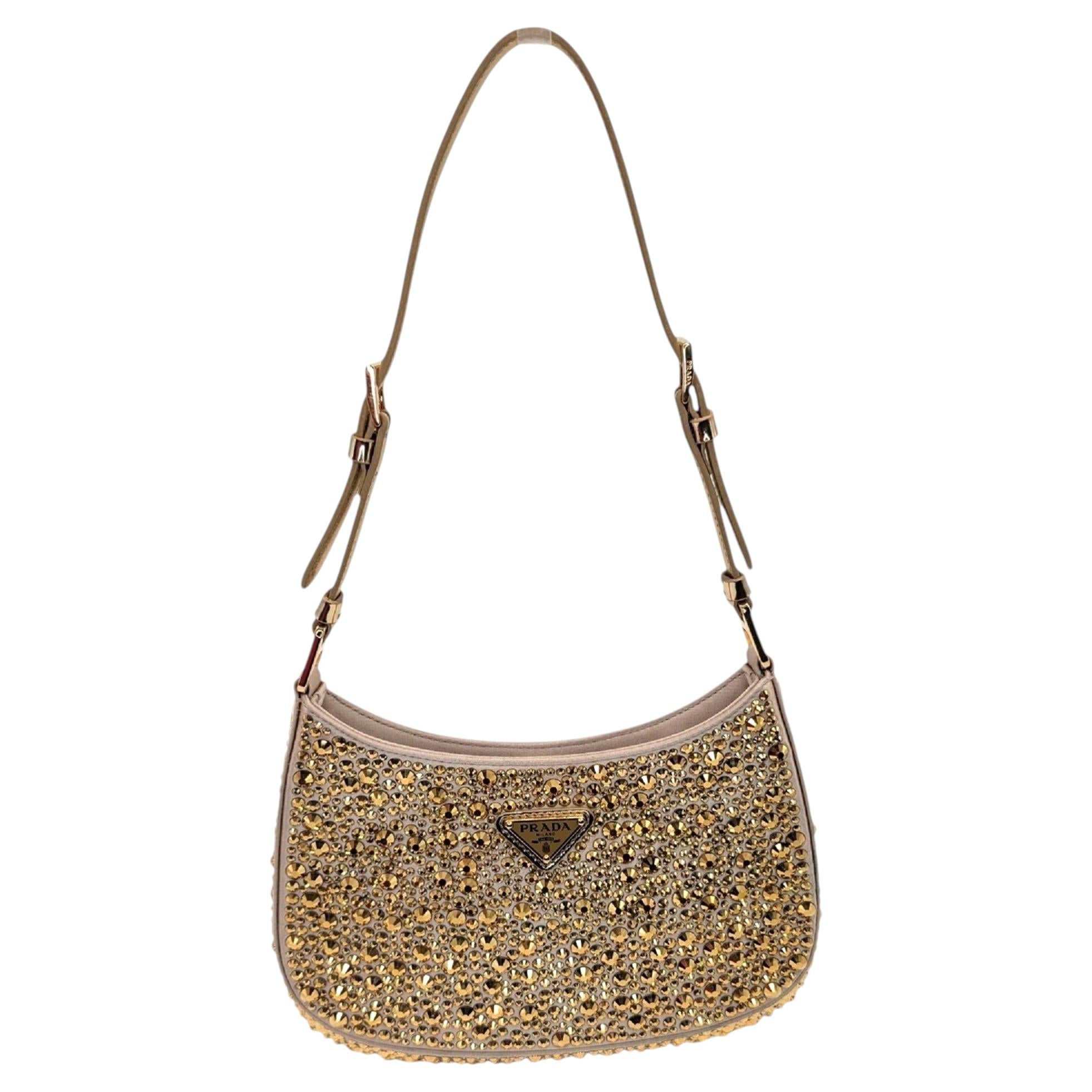 Pre-owned Prada Cleo Crystal-embellished Satin Shoulder Bag In Platinum, Women's In Brown