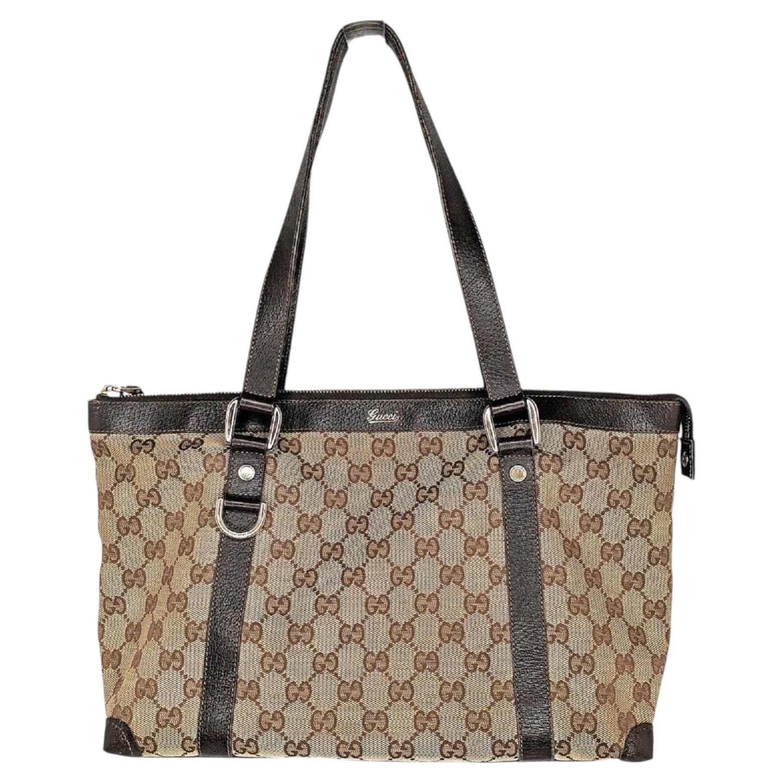 Pre-owned Gucci Medium Gg Supreme Canvas Abbey Tote Bag With Leather Trim In Brown