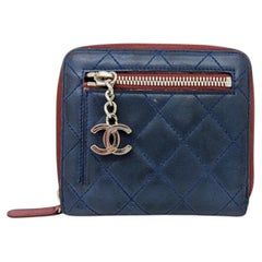 Chanel Blue Quilted Lambskin Bicolor Compact Zip-Around Wallet