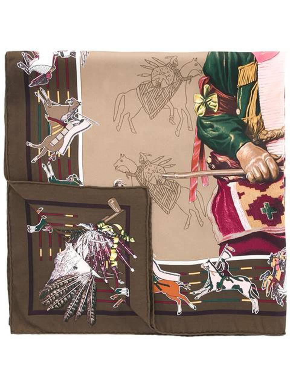 Hermès multico silk  “Pani La Shar Pawnee” scarf featuring an Indian scenic print. Pani La Shar Pawnee was designed by Oliver Kermit. Circa 1984. 
26,7in. (68cm) X 26,7in. (68cm)
In excellent vintage condition. Made in France.
We guarantee you will